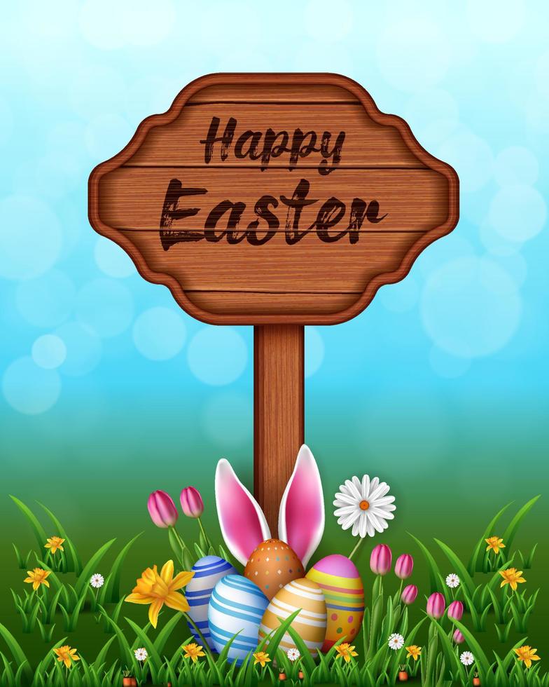 happy easter wooden signboard banner template with easter eggs, grasses, and rabbit ears vector