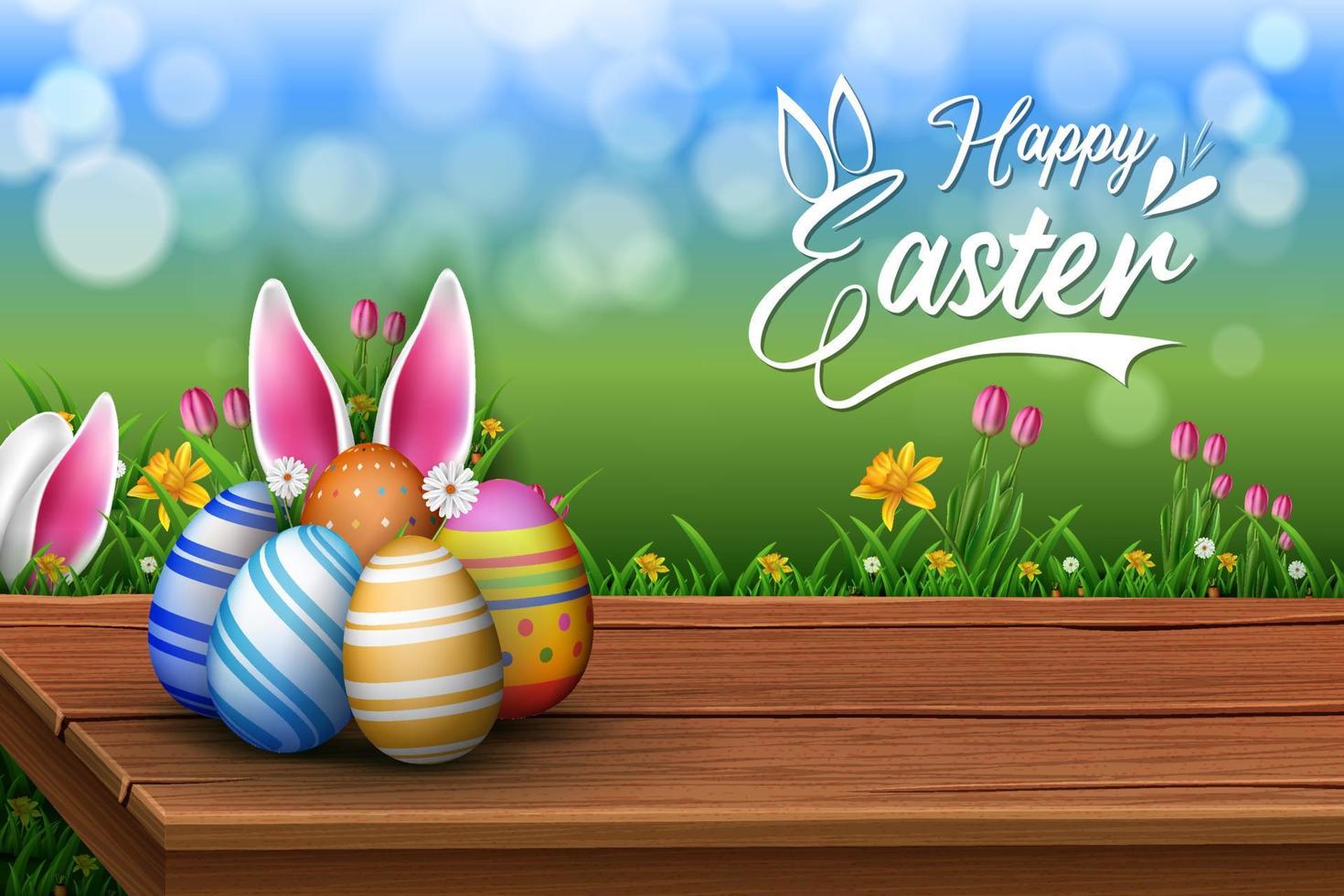 easter eggs on wooden table with grasses and flower background and rabbit ears creative illustration vector