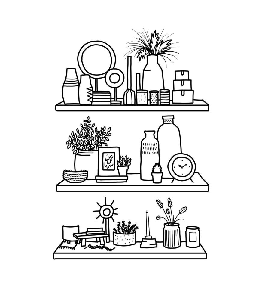 doodle elements. Home decor items in doodle style. Illustration of shelves with different interior items. vector