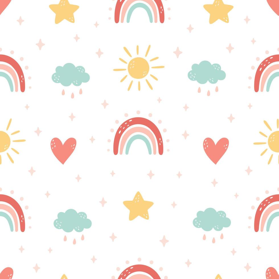 Abstract rainbow with clouds, sun, stars seamless pattern. vector