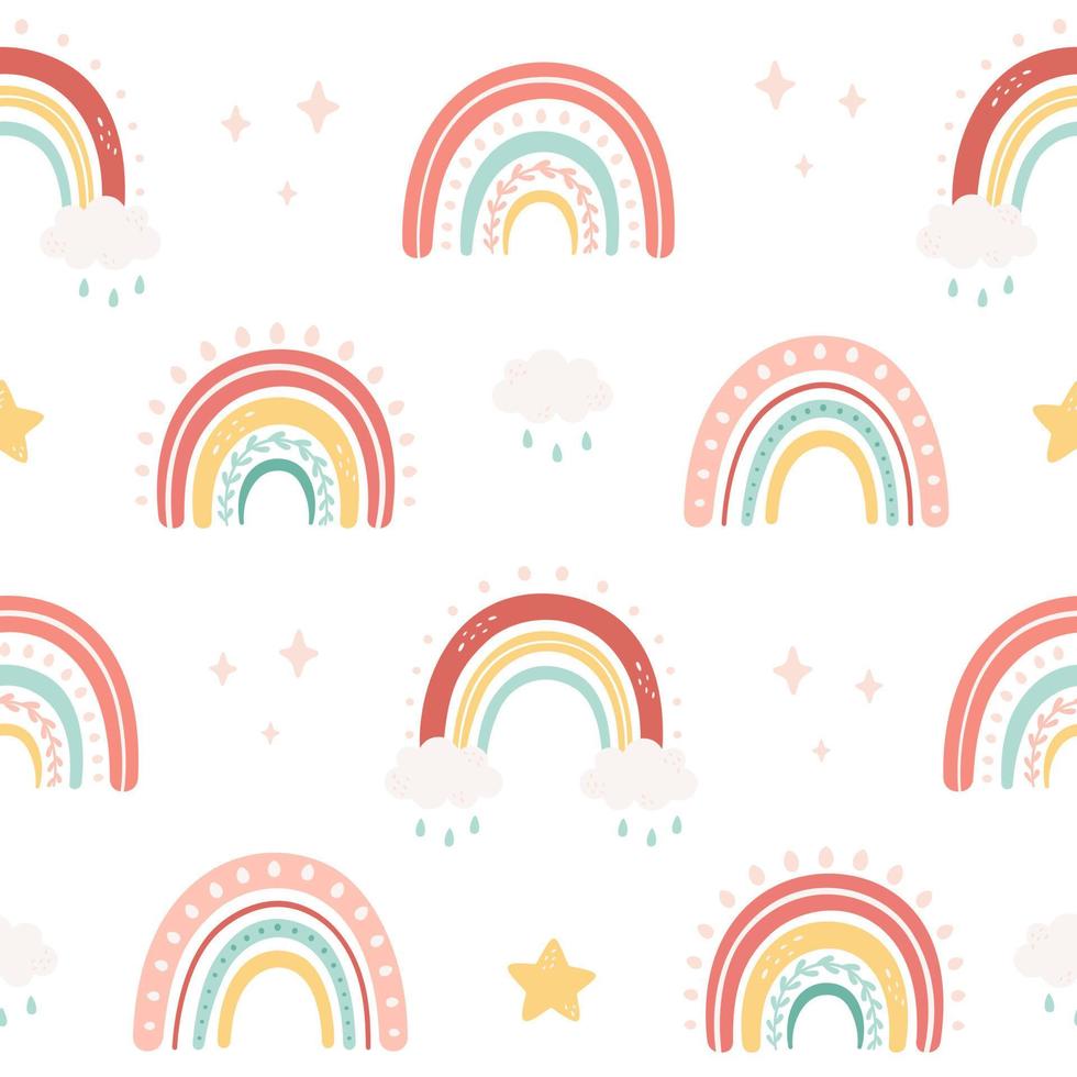 Abstract rainbow with clouds and stars seamless pattern vector