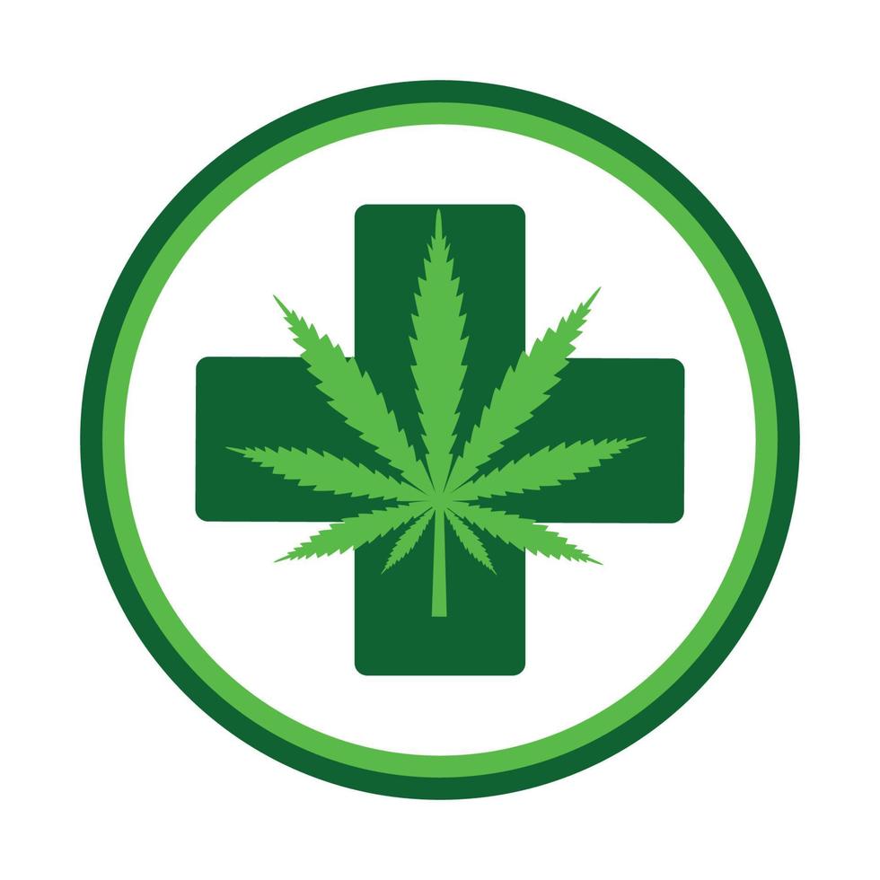 hoja de cannabis en un círculo verde con una cruz médica vector