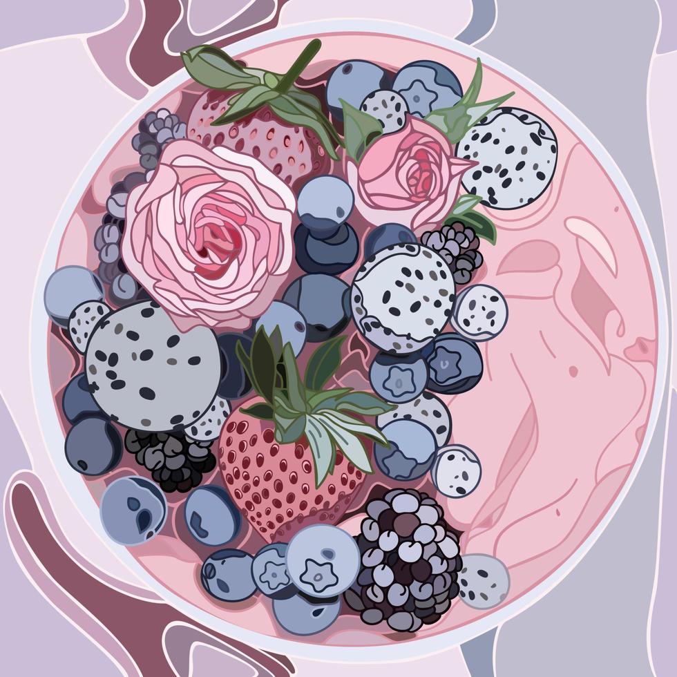 Flat lay Smoothie bowl, Acai bowl with blueberries, blackberries, strawberries, dragon fruit and pink roses. Healthy breakfast. Great for Spring or Summer backgrounds, card, banner. Vector