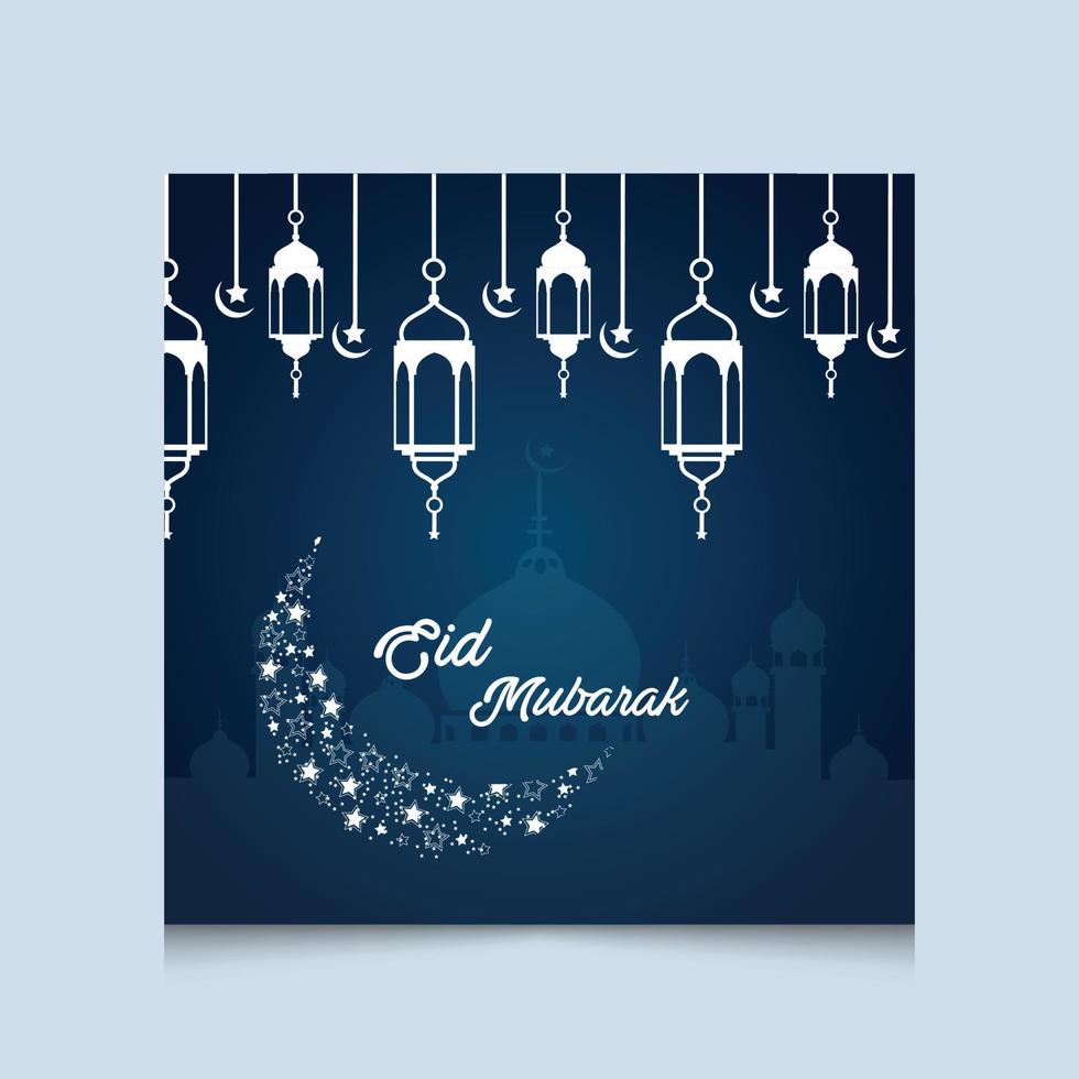 tarjeta de felicitación eid mubarak. plantilla de publicación en redes sociales con fondo de luna y linterna. vector