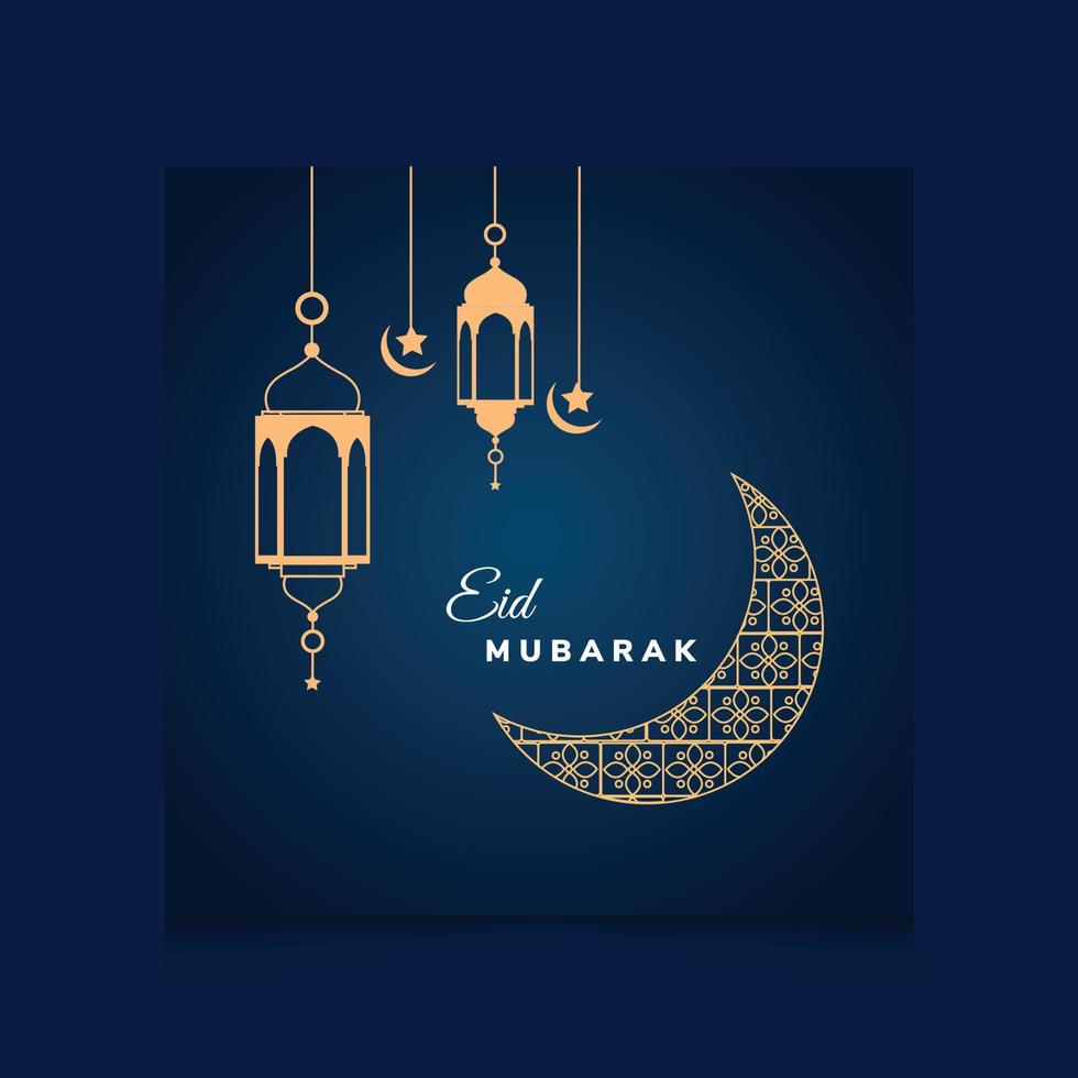 Eid Mubarak Islamic Traditional Festival Greeting Card. Social Media post template with moon and lantern background. vector