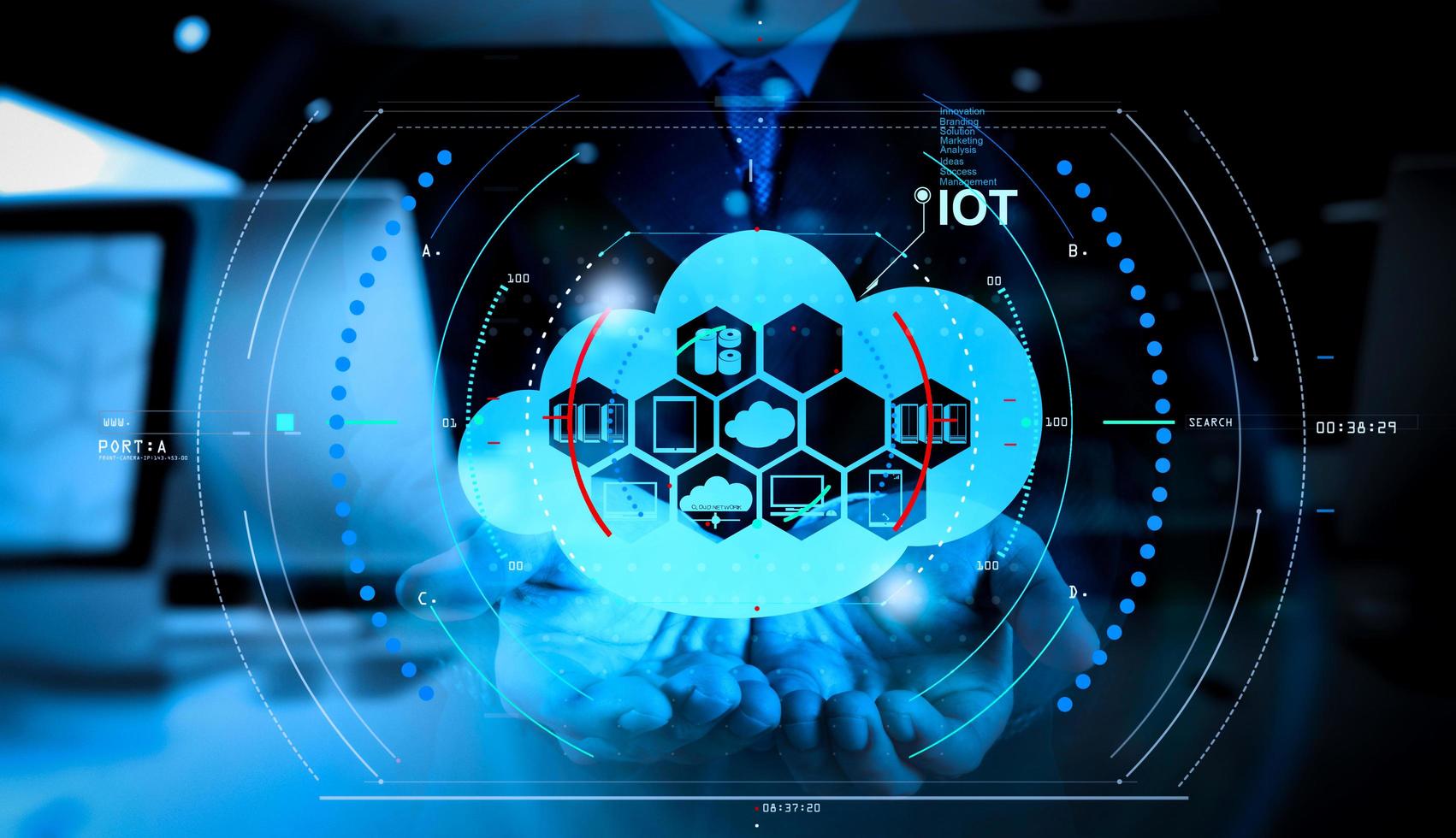 double exposure of hand showing Internet of things word diagram as concept photo