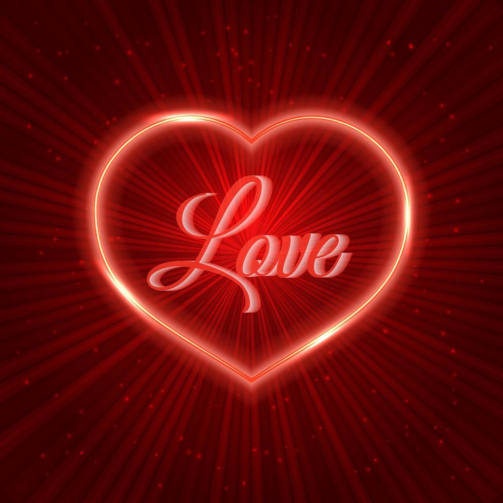 Red Valentines day greeting card with neon heart on shiny rays background. Romantic vector illustration. Easy to edit design template.
