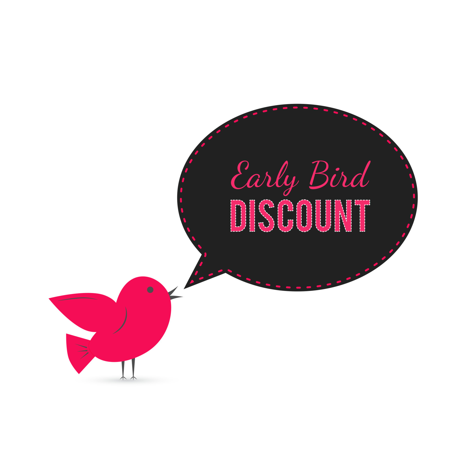 Early Bird discount banner. Cute cartoon bird with speech bubble