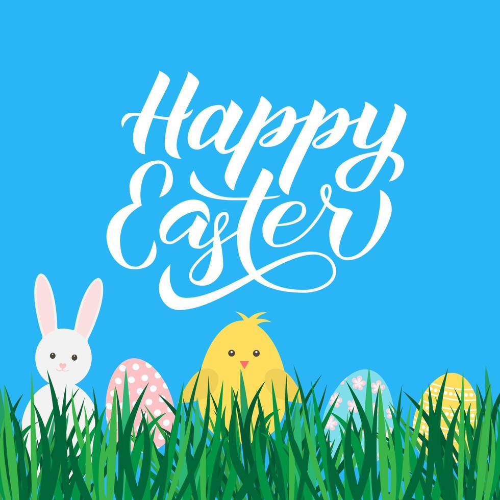 Happy Easter calligraphy lettering. Eggs, bunny and cute cartoon chicken on grass. Easter celebration greeting card. Easy to edit template for party invitation, poster, banner. Vector illustration.