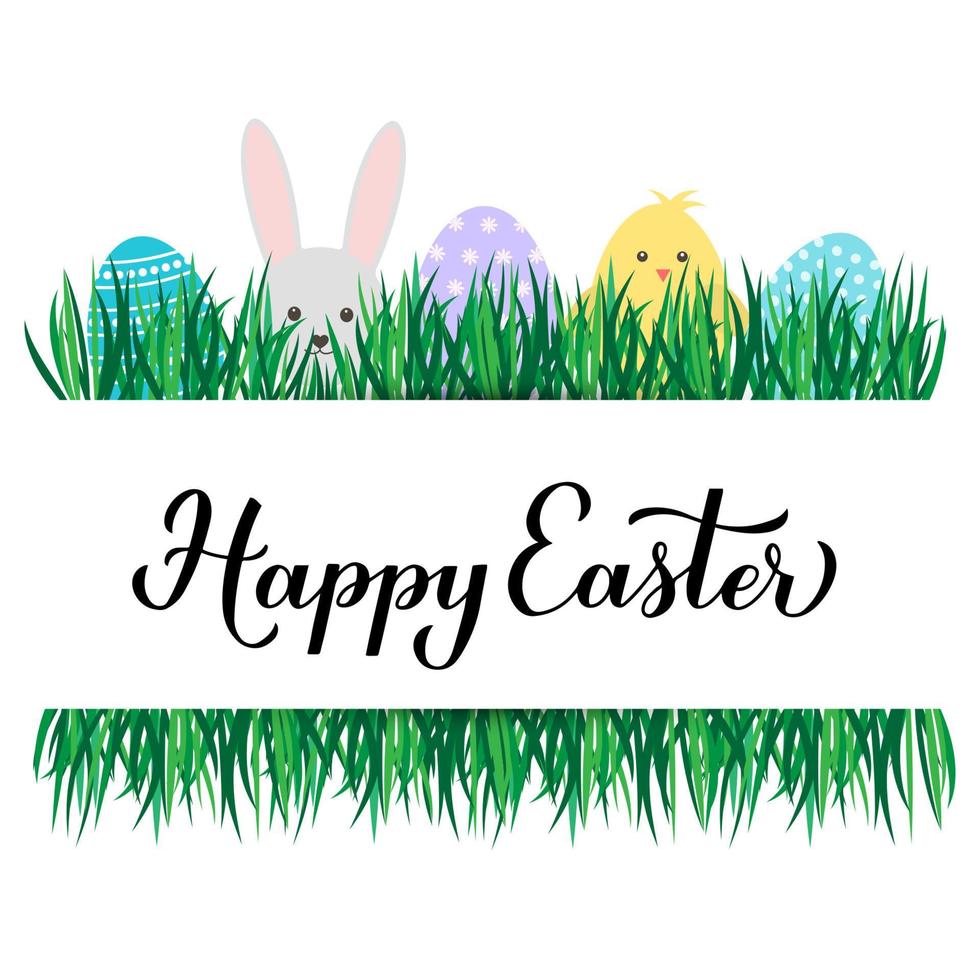 Happy Easter calligraphy hand lettering. Easter eggs on grass, cute cartoon bunny and chicken.  Easy to edit vector template for typography poster, invitation, flyer, greeting card, banner, etc.