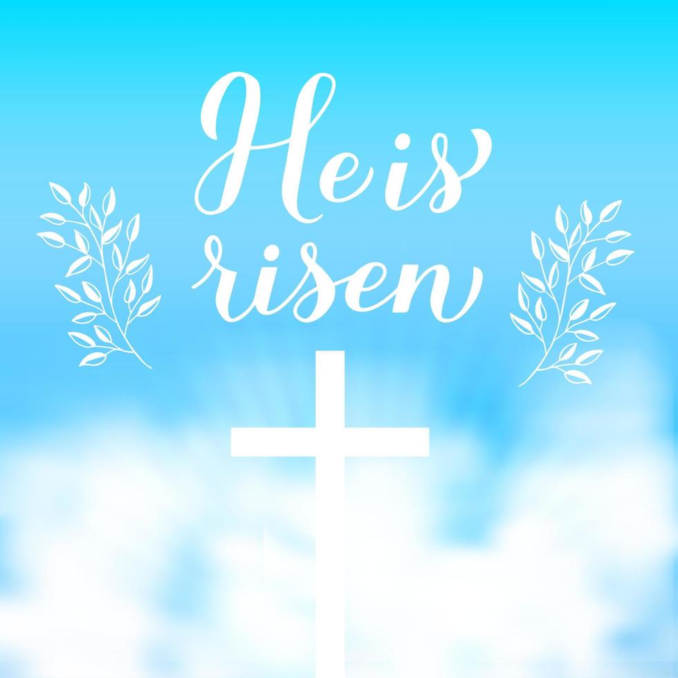 He is risen modern calligraphy hand lettering against the sky. Christian Quote typography poster. Easy to edit vector template for Easter greeting card, banner, flyer, etc.