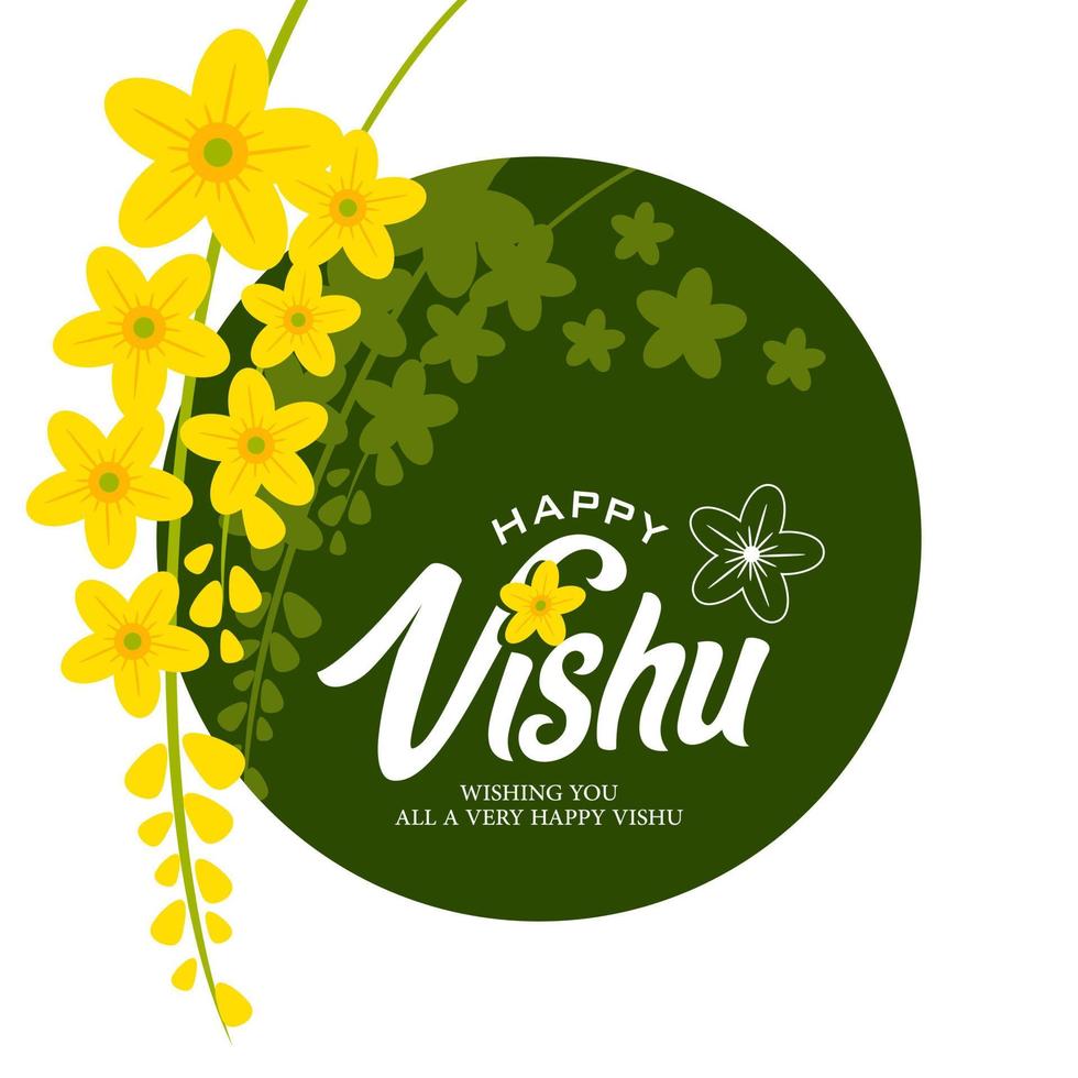 ilustración vectorial de una pancarta para el feliz diseño tipográfico de vishu en el fondo tradicional con la flor kani konna, vishu es el festival del sur de la India vector