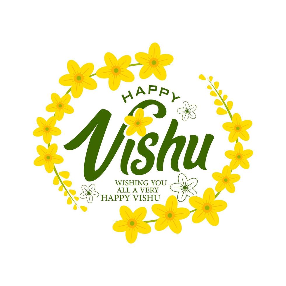 ilustración vectorial de una pancarta para el feliz diseño tipográfico de vishu en el fondo tradicional con la flor kani konna, vishu es el festival del sur de la India vector