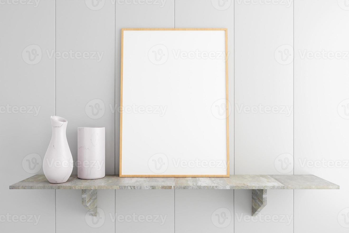 cartel de madera vertical minimalista y limpio o maqueta de marco de fotos en la mesa de mármol en la sala de estar. representación 3d