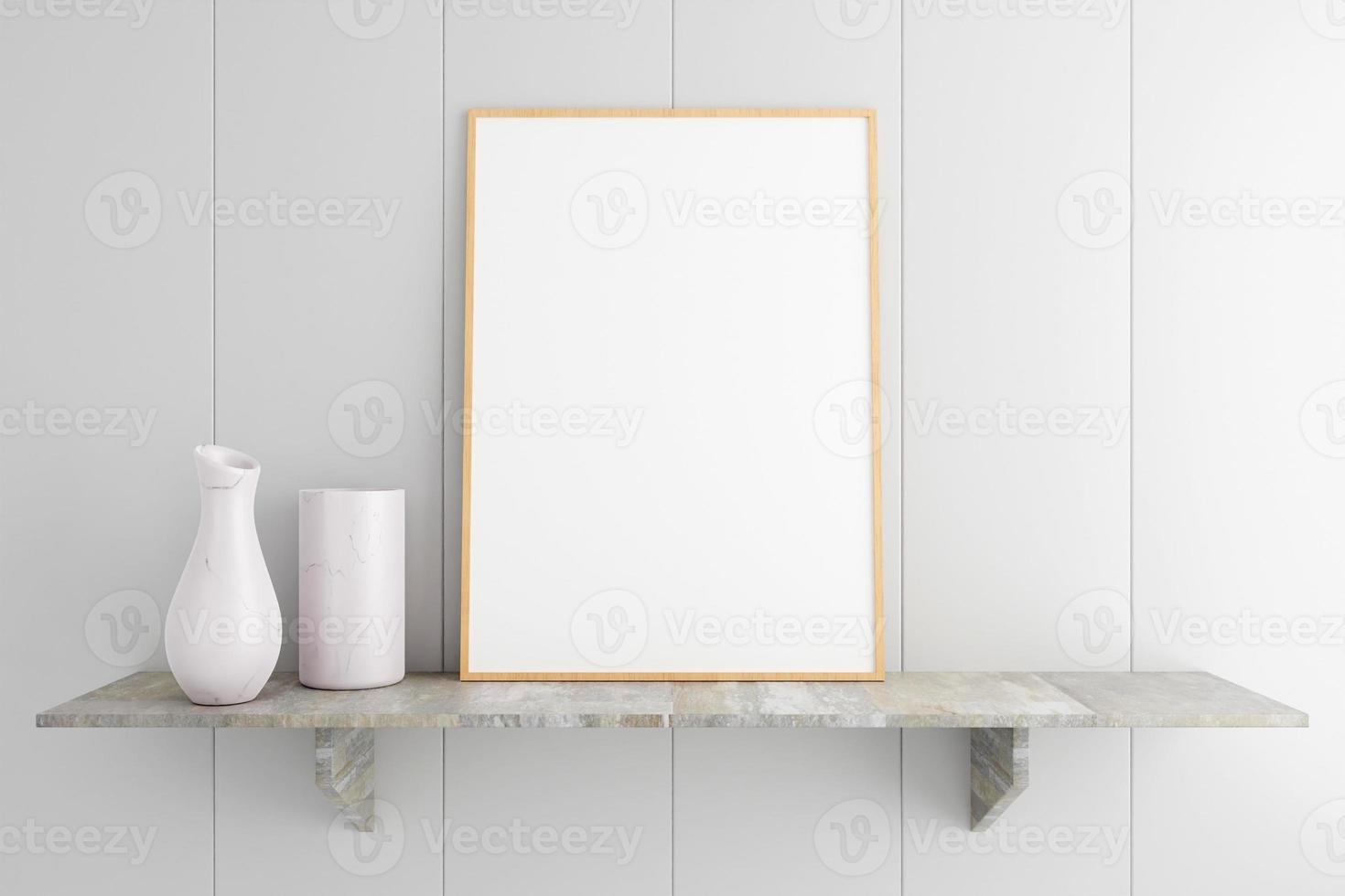 Minimalist and clean vertical wooden poster or photo frame mockup on the marble table in living room. 3D Rendering.