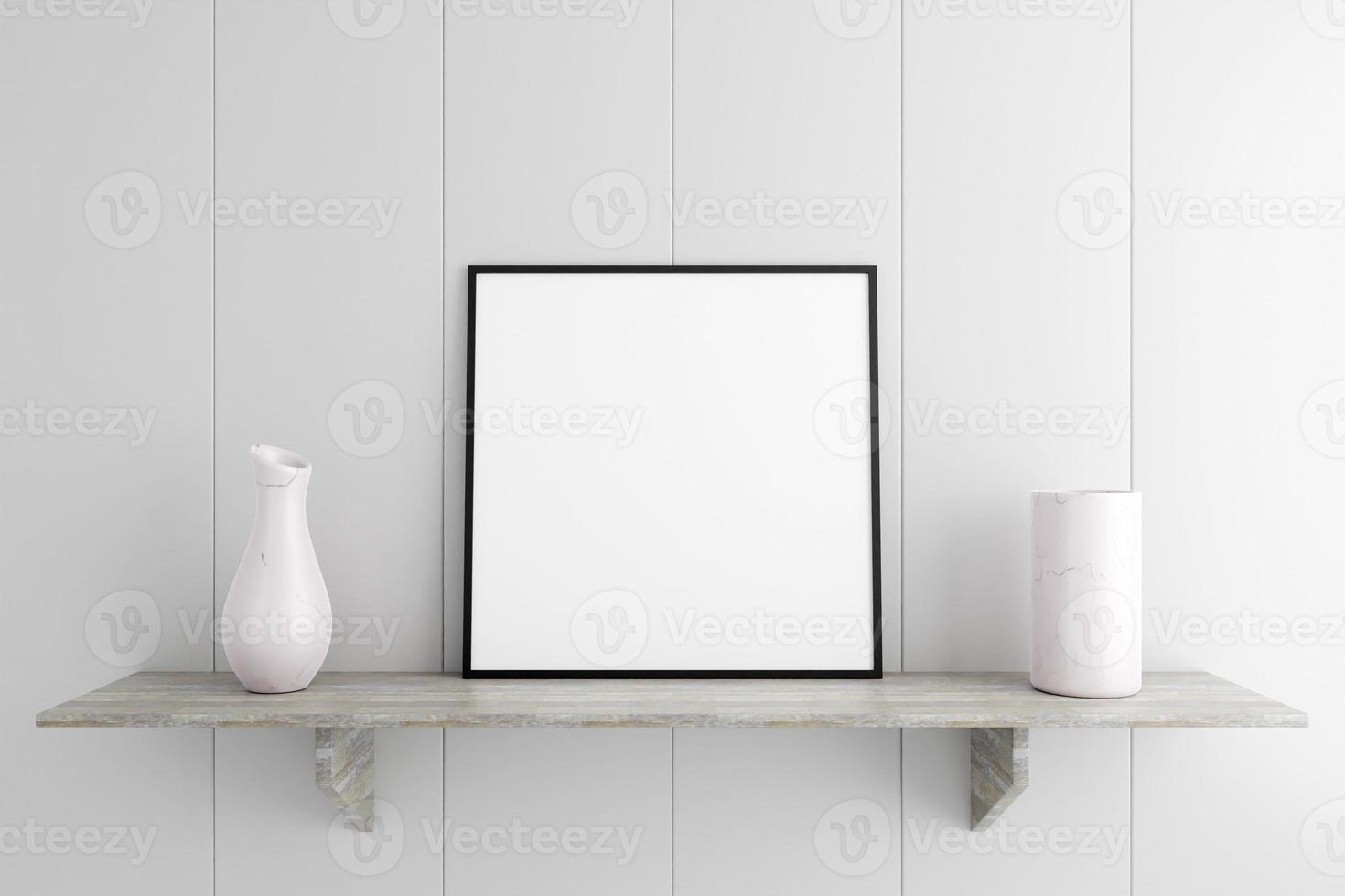 Minimalist and clean square black poster or photo frame mockup on the marble table in living room. 3D Rendering.