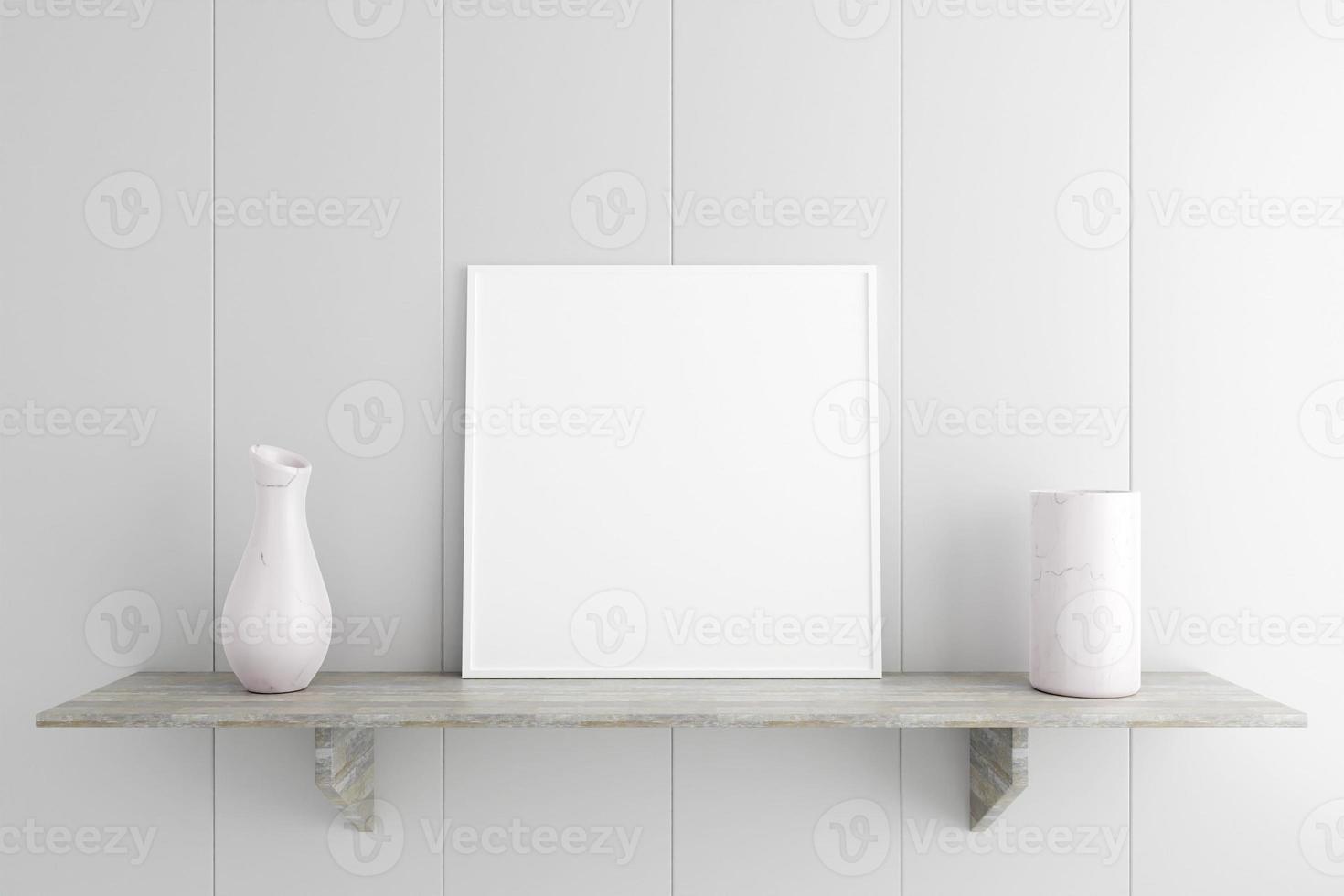 Minimalist and clean square white poster or photo frame mockup on the marble table in living room. 3D Rendering.