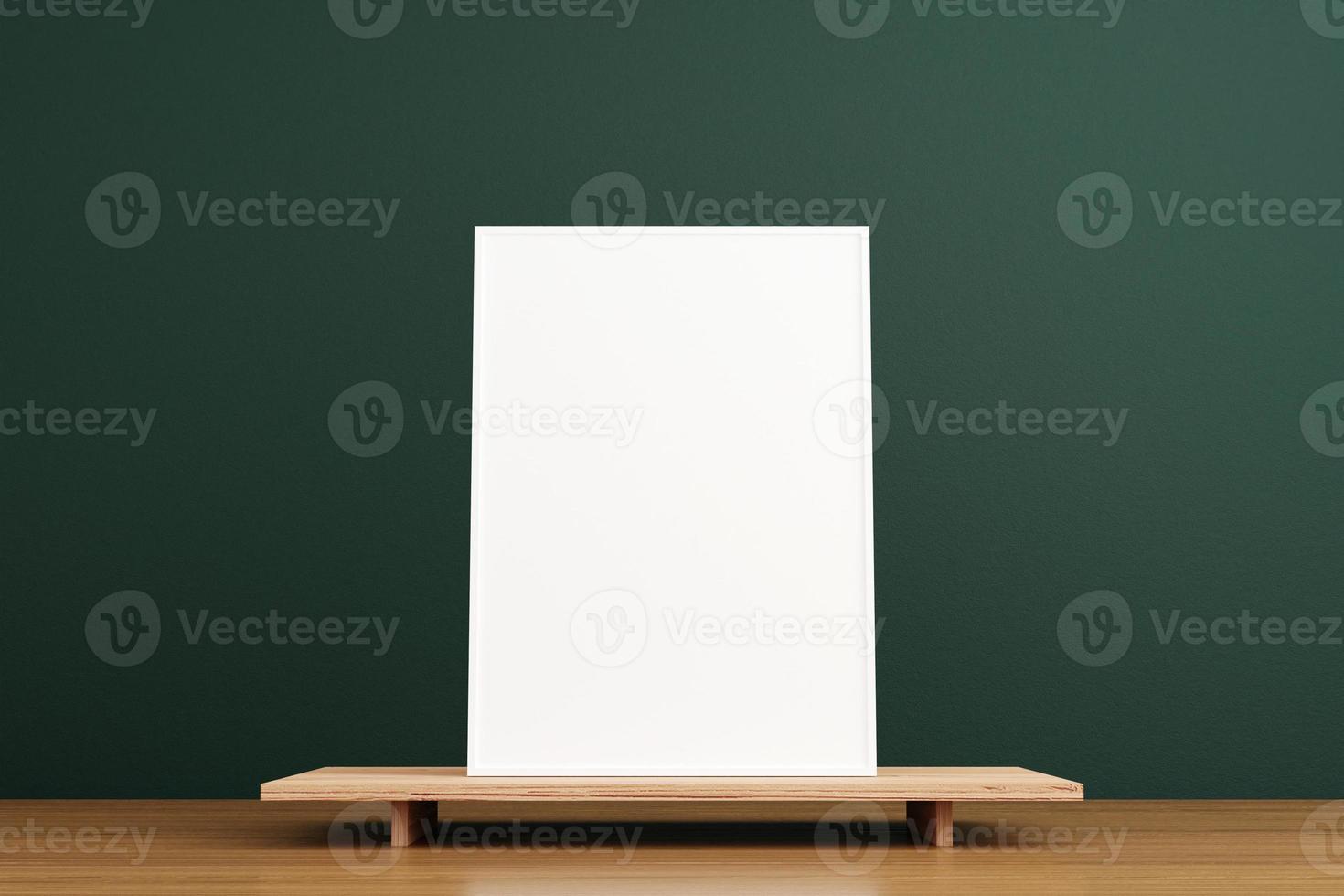 Minimalist and clean vertical white poster or photo frame mockup on the wooden table in living room. 3D Rendering.