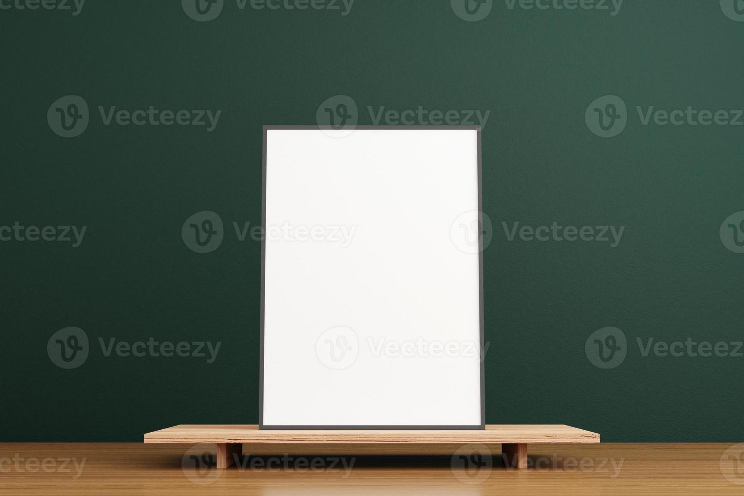 Minimalist and clean vertical black poster or photo frame mockup on the wooden table in living room. 3D Rendering.