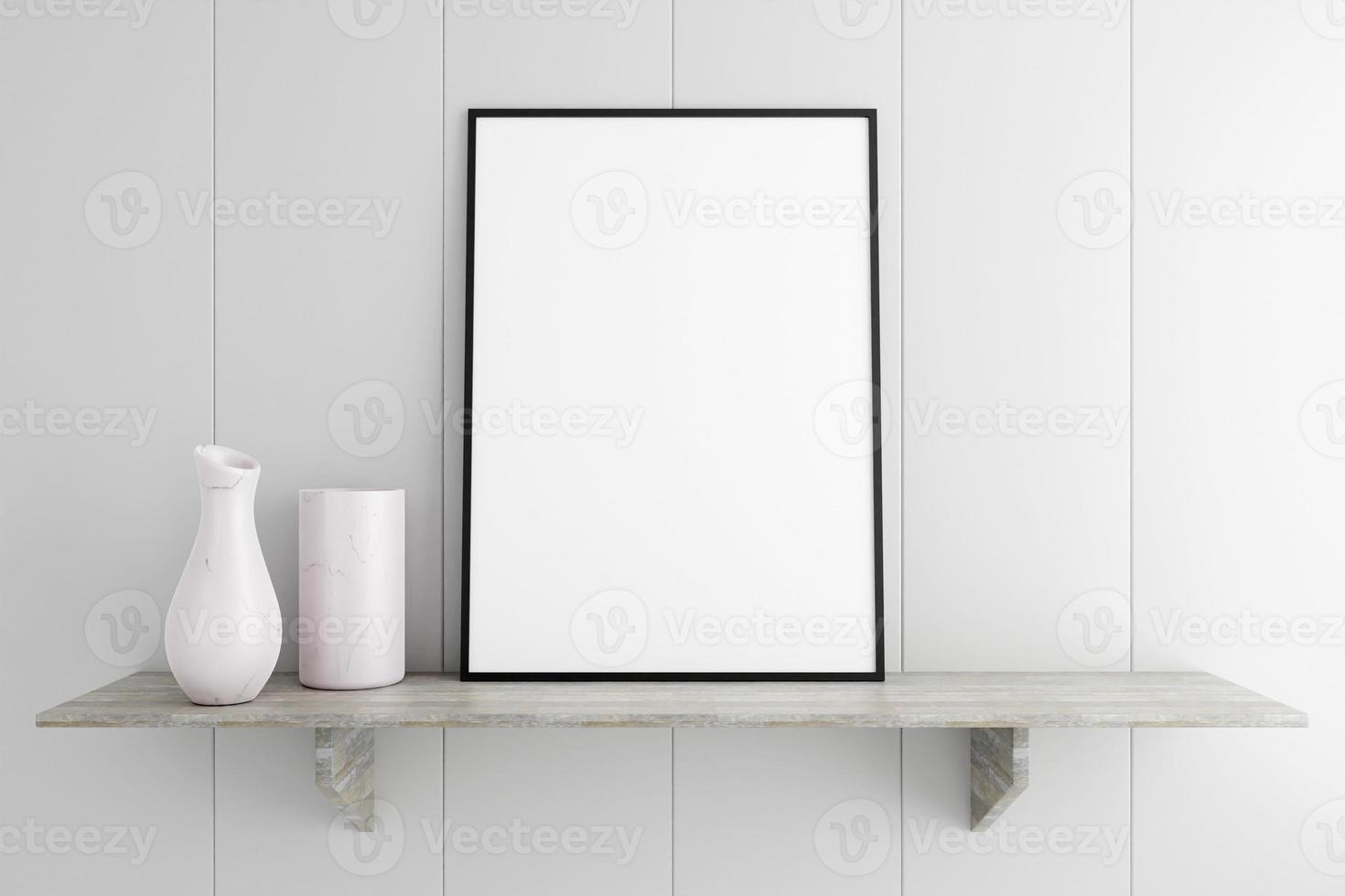 Minimalist and clean vertical black poster or photo frame mockup on the marble table in living room. 3D Rendering.