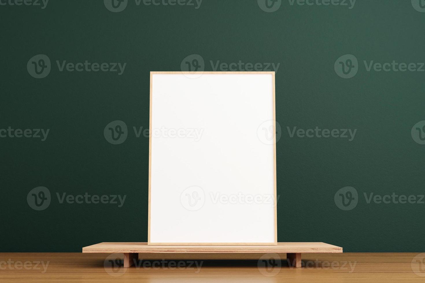Minimalist and clean vertical wooden poster or photo frame mockup on the wooden table in living room. 3D Rendering.