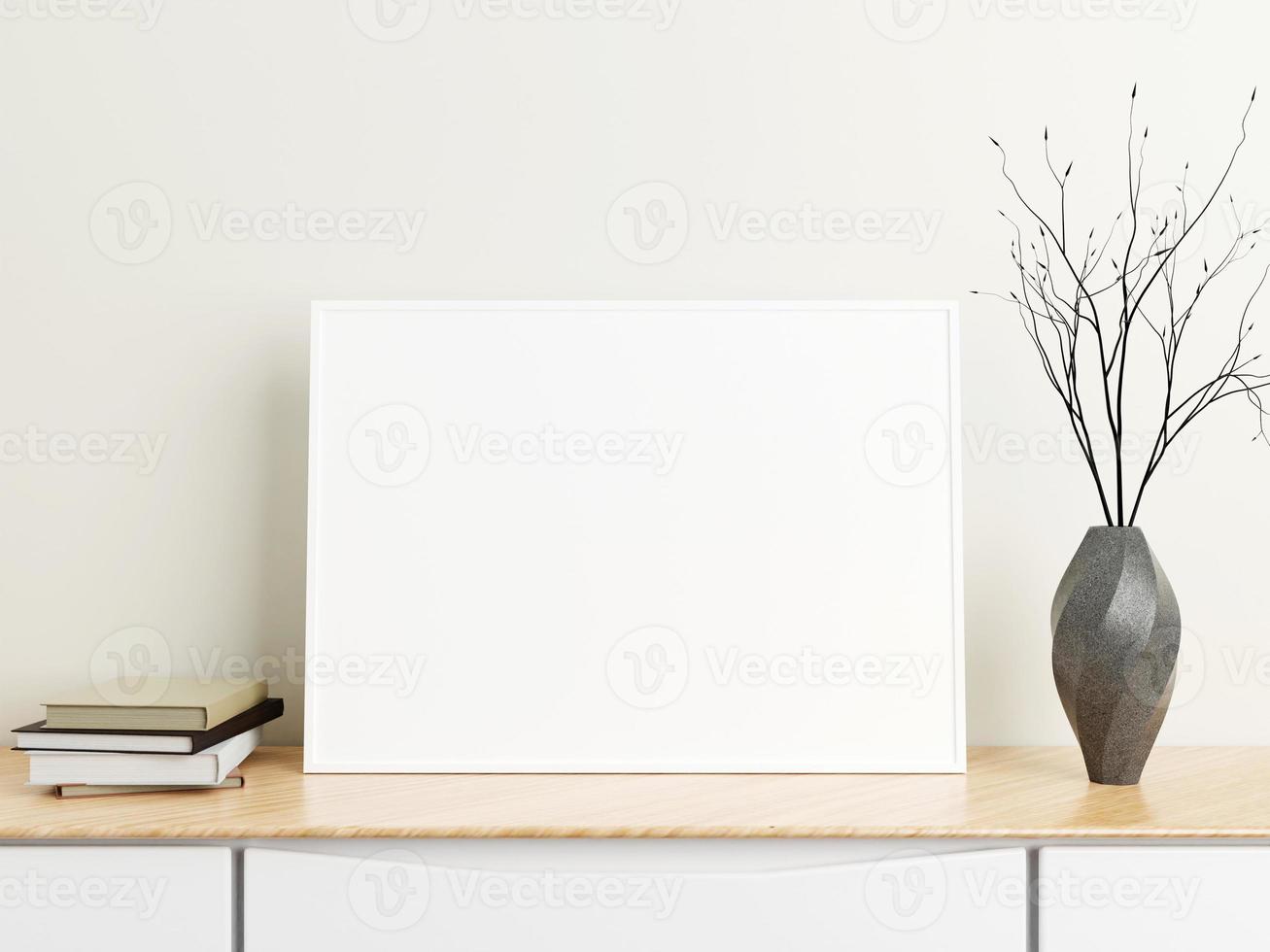 Minimalist horizontal white poster or photo frame mockup on wood table with books and vase in a room. 3D Rendering.