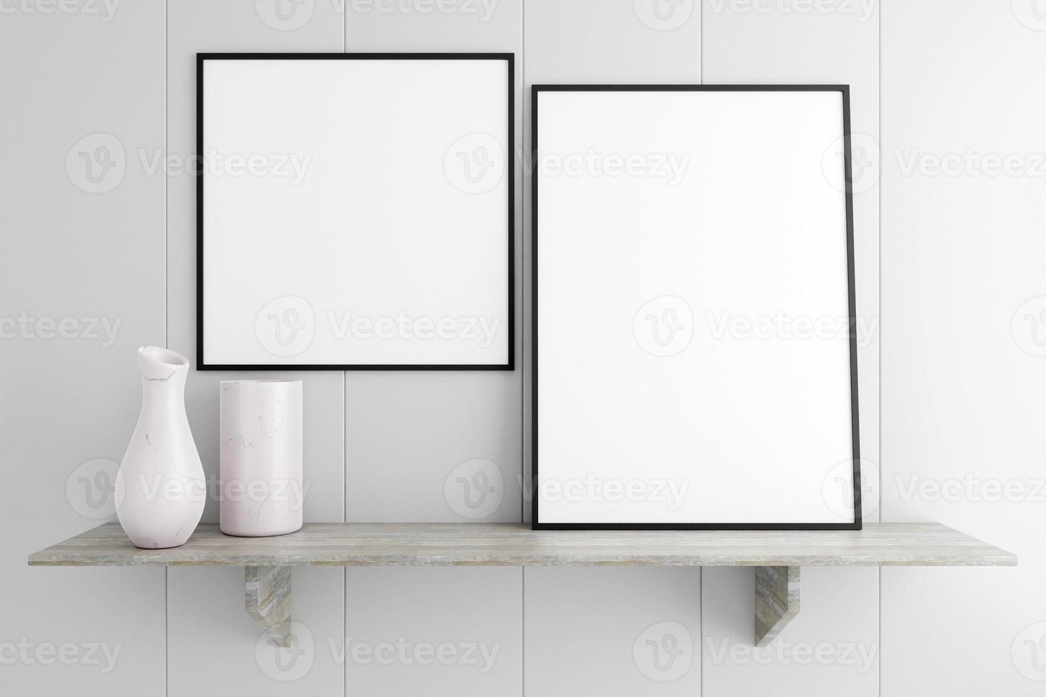 Minimalist and clean black poster or photo frame mockup on the marble table in living room. 3D Rendering.