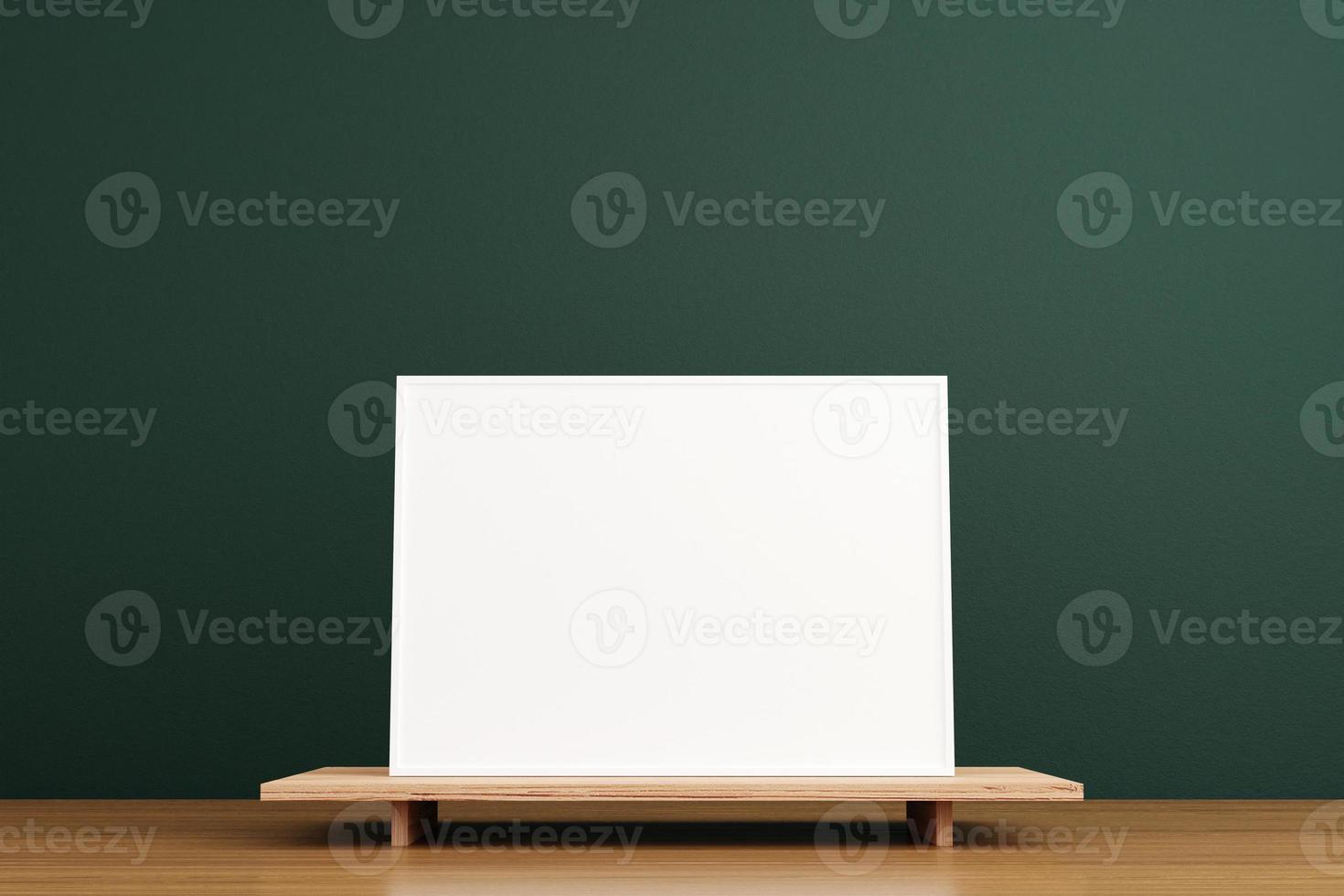 Minimalist and clean horizontal white poster or photo frame mockup on the wooden table in living room. 3D Rendering.