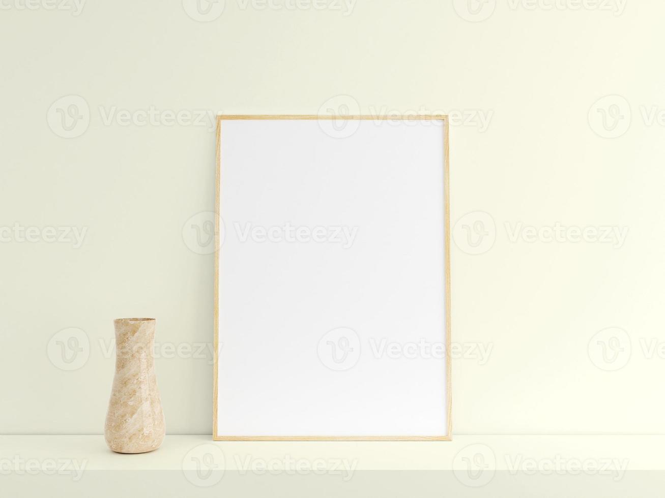 Customizable minimalist vertical wooden poster or photo frame mockup on the podium table with vase. 3D Rendering.