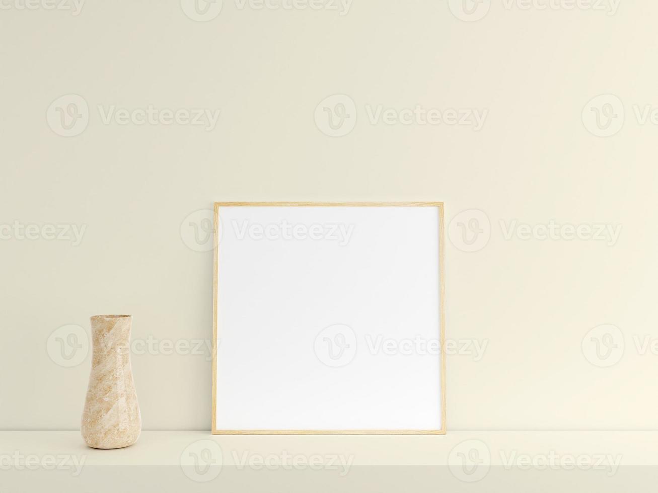 Customizable minimalist square wood poster or photo frame mockup on the podium table with vase. 3D Rendering.