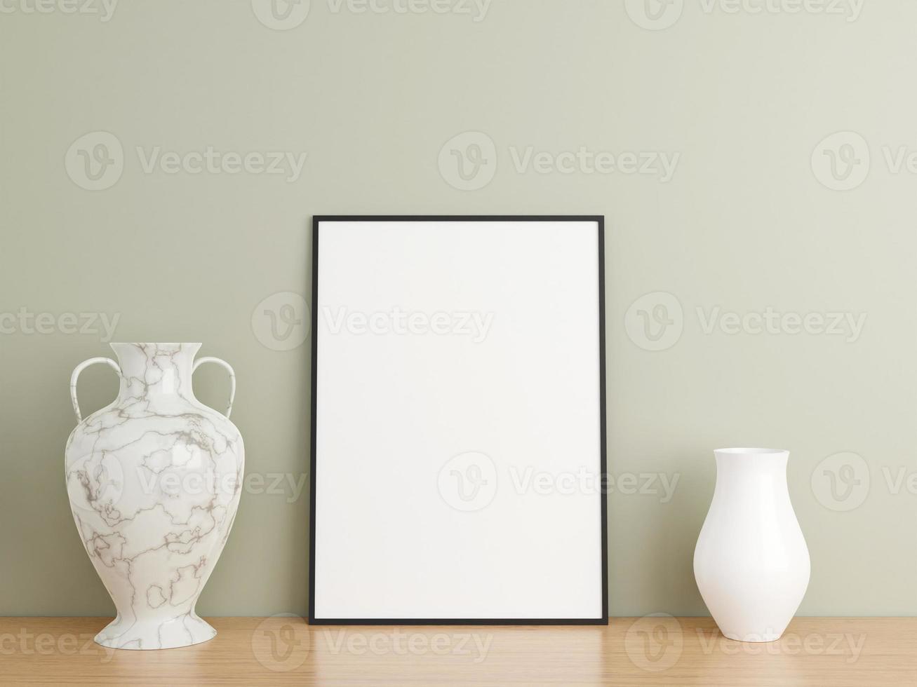 Minimalist vertical black poster or photo frame mockup on wooden floor leaning against the wall. 3D Rendering.