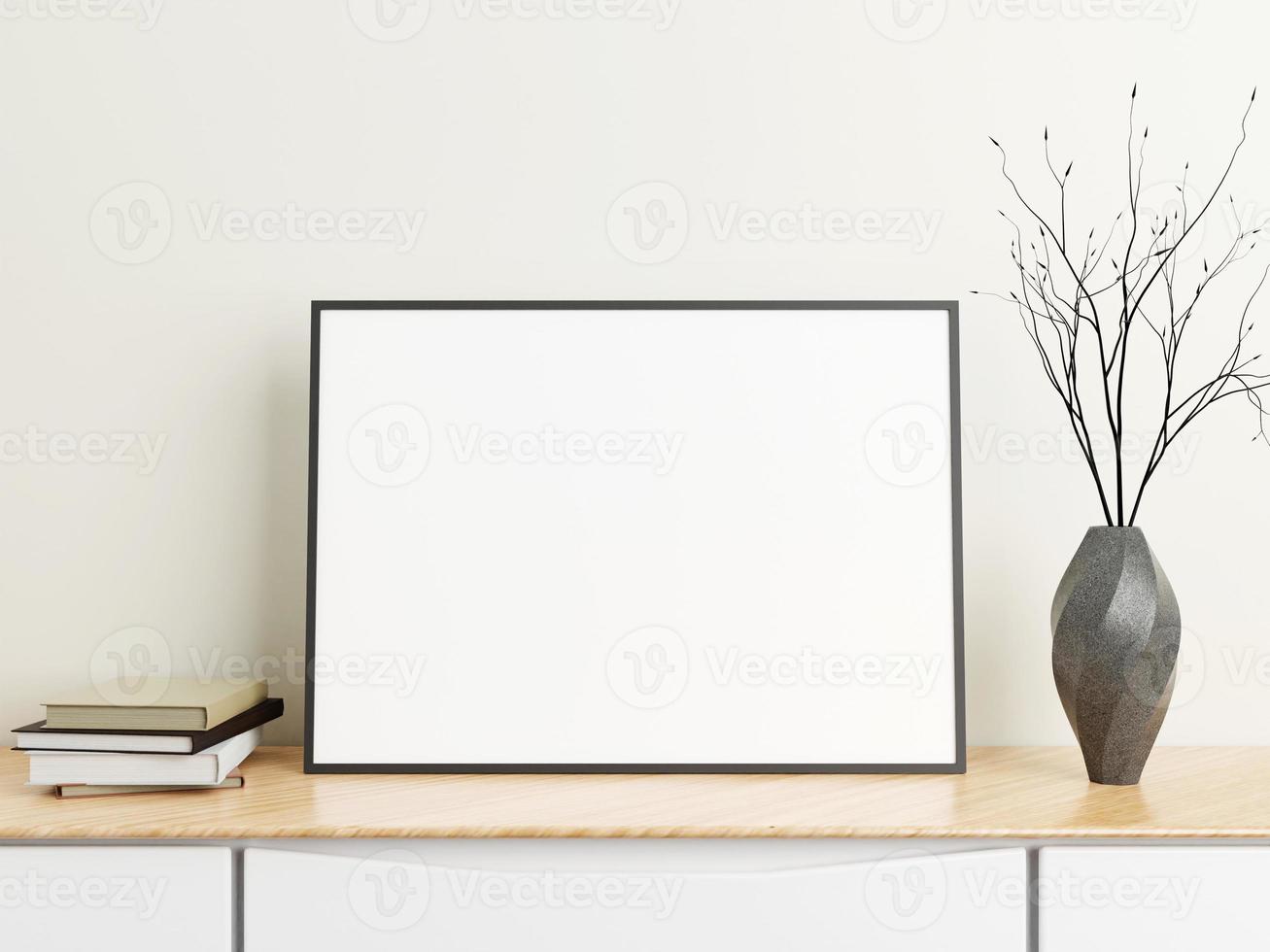 Minimalist horizontal black poster or photo frame mockup on wood table with books and vase in a room. 3D Rendering.