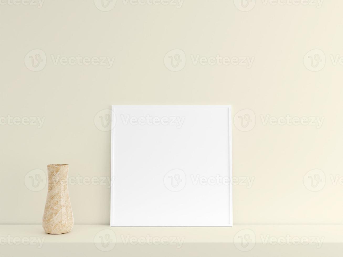 Customizable minimalist square white poster or photo frame mockup on the podium table with vase. 3D Rendering.