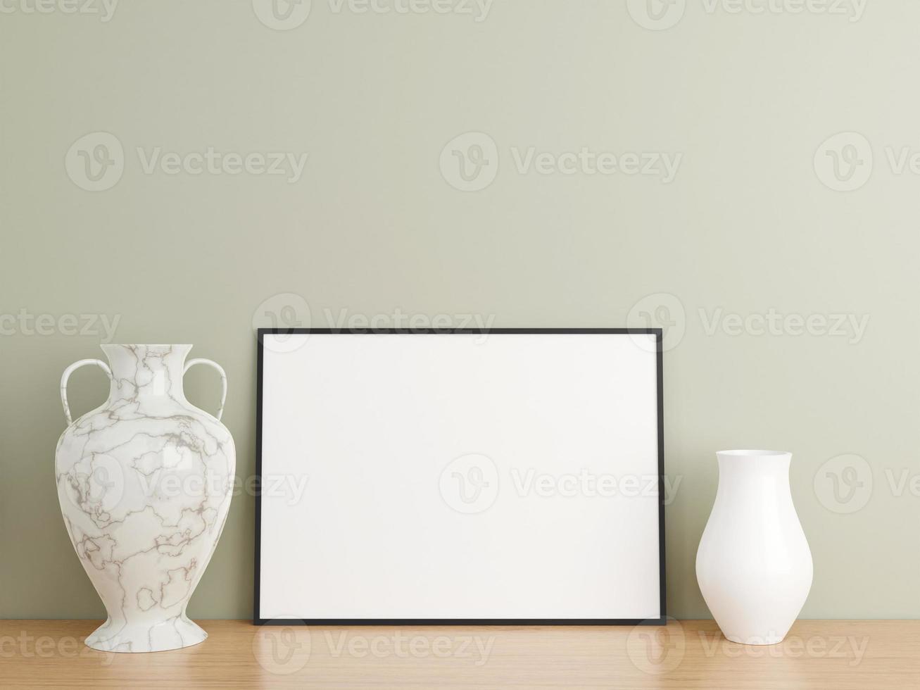 Minimalist horizontal black poster or photo frame mockup on wooden floor leaning against the wall. 3D Rendering.
