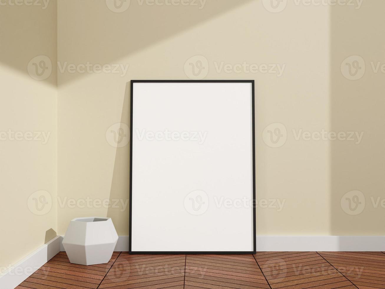 Minimalist and clean vertical black poster or photo frame mockup in a room wooden floor. 3D Rendering.