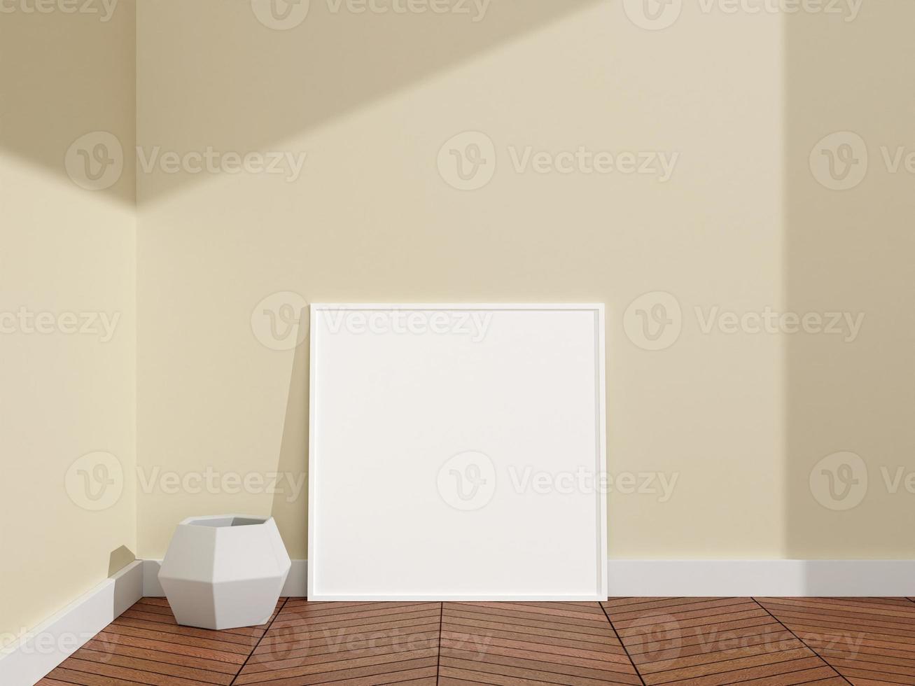 Minimalist and clean square white poster or photo frame mockup in a room wooden floor. 3D Rendering.