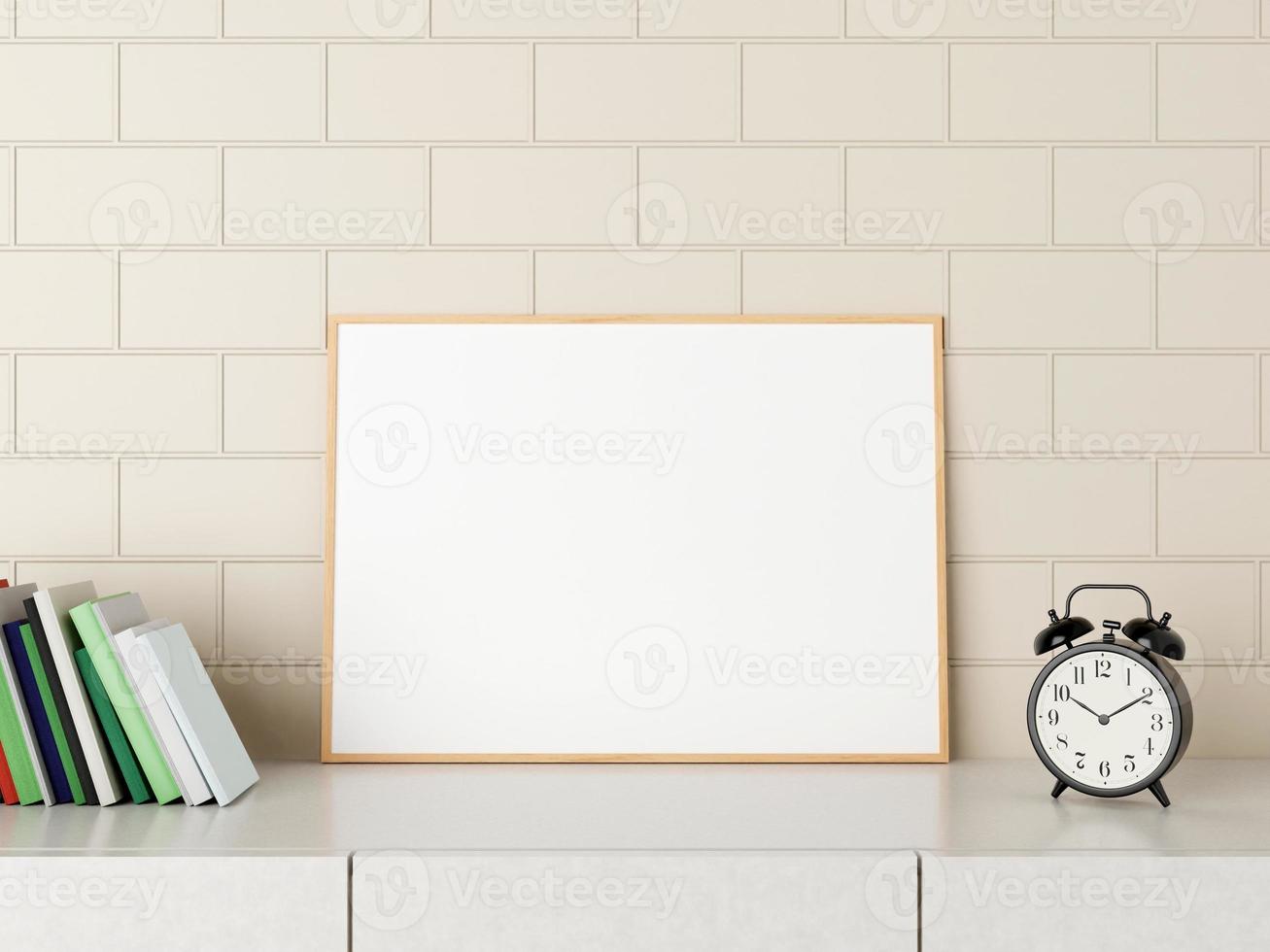 Minimalist horizontal wood poster or photo frame mockup on the desk with books and alarm in room. 3D Rendering.