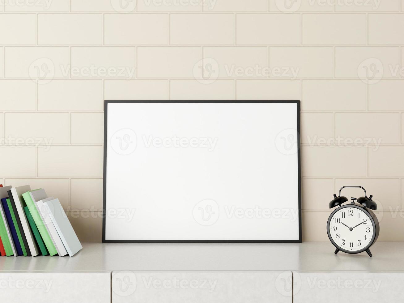 Minimalist horizontal black poster or photo frame mockup on the desk with books and alarm in room. 3D Rendering.
