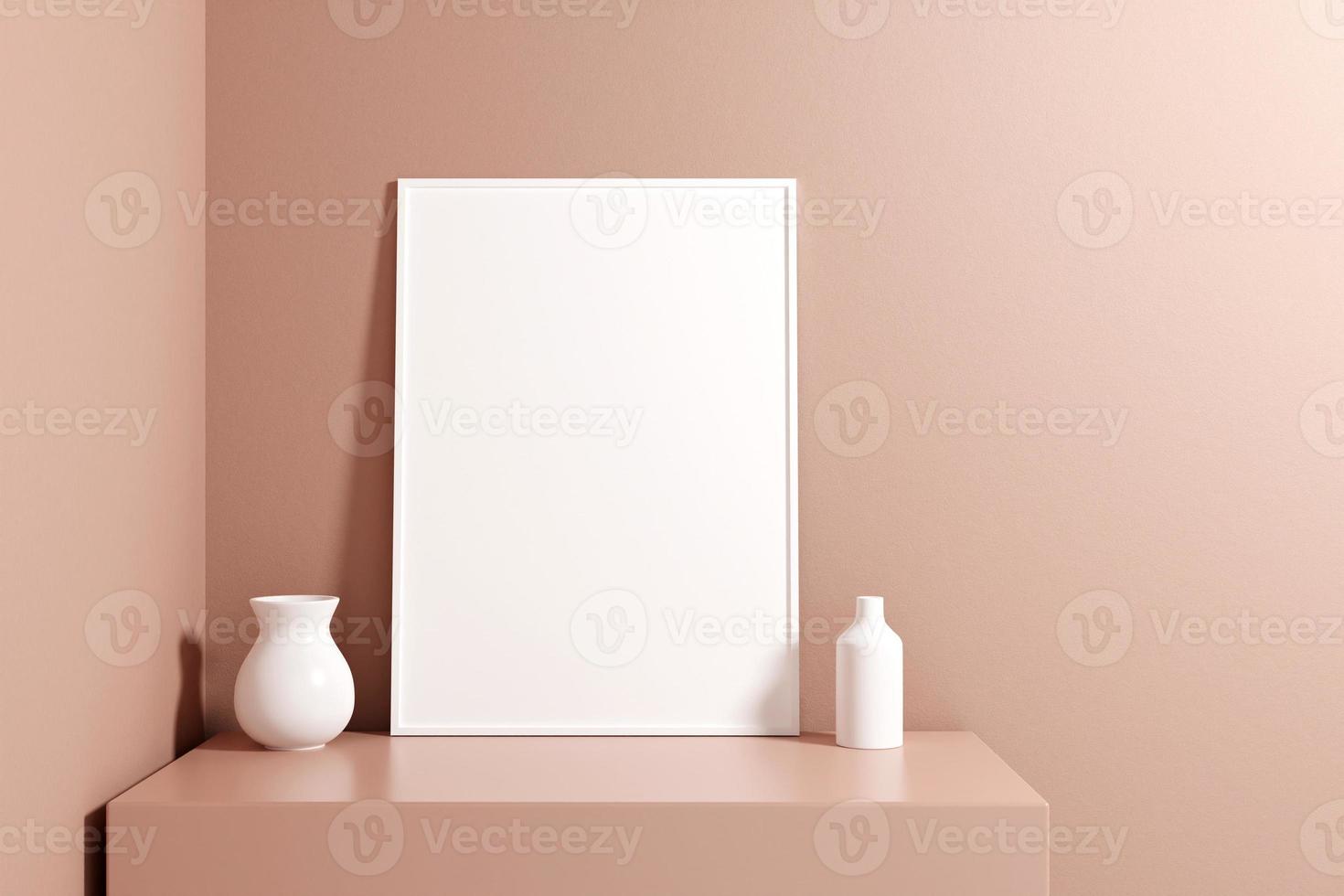 Minimalist and clean vertical white poster or photo frame mockup on the podium table. 3D Rendering.