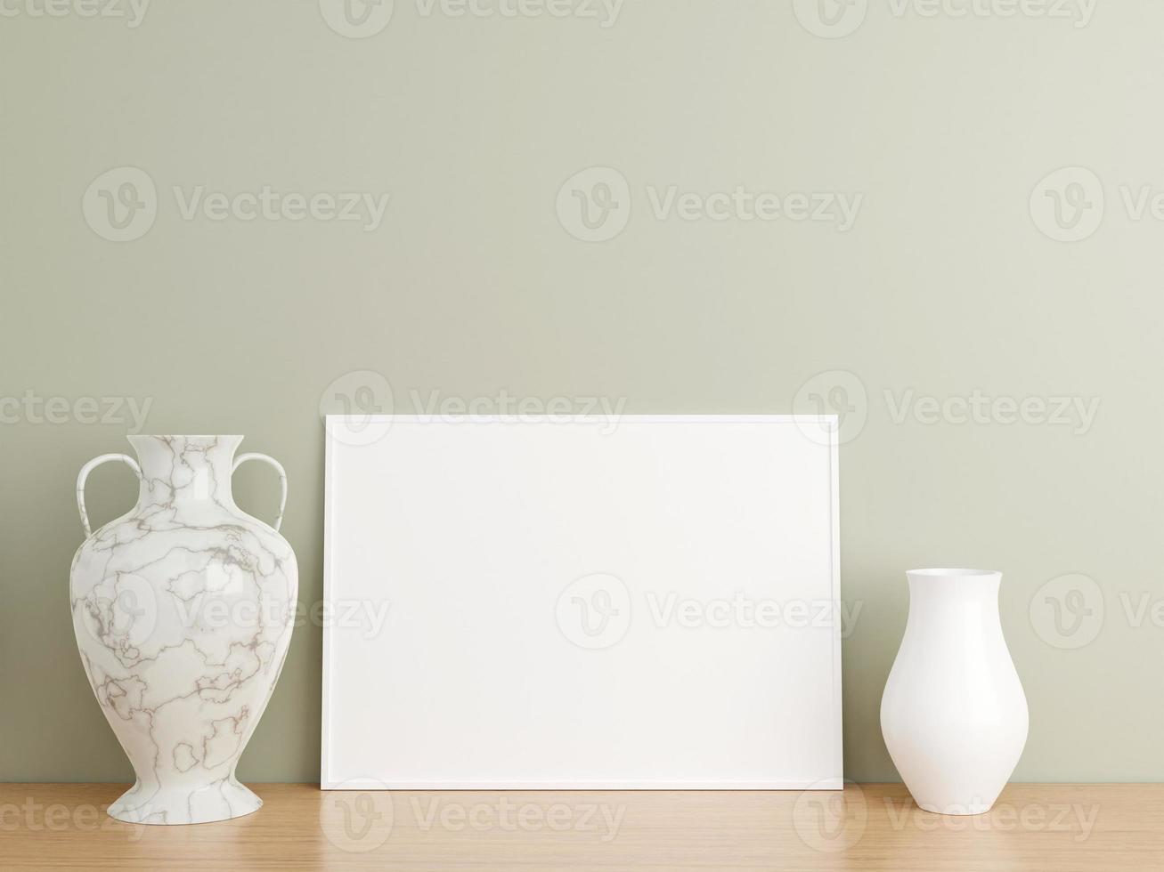 Minimalist horizontal white poster or photo frame mockup on wooden floor leaning against the wall. 3D Rendering.