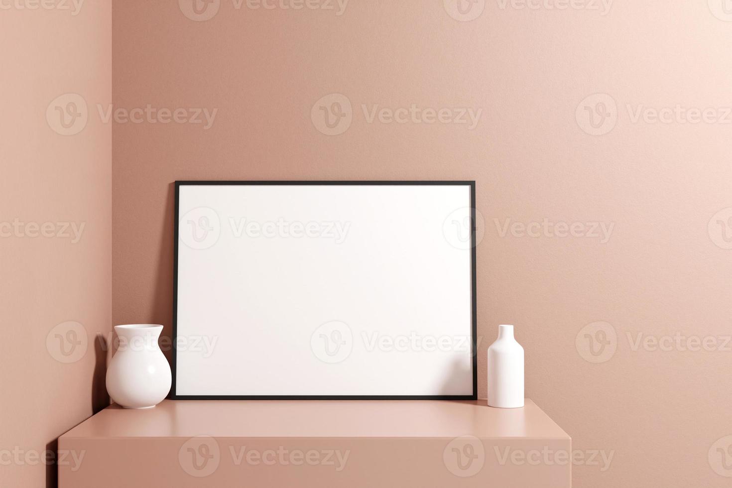 Minimalist and clean horizontal black poster or photo frame mockup on the podium table. 3D Rendering.