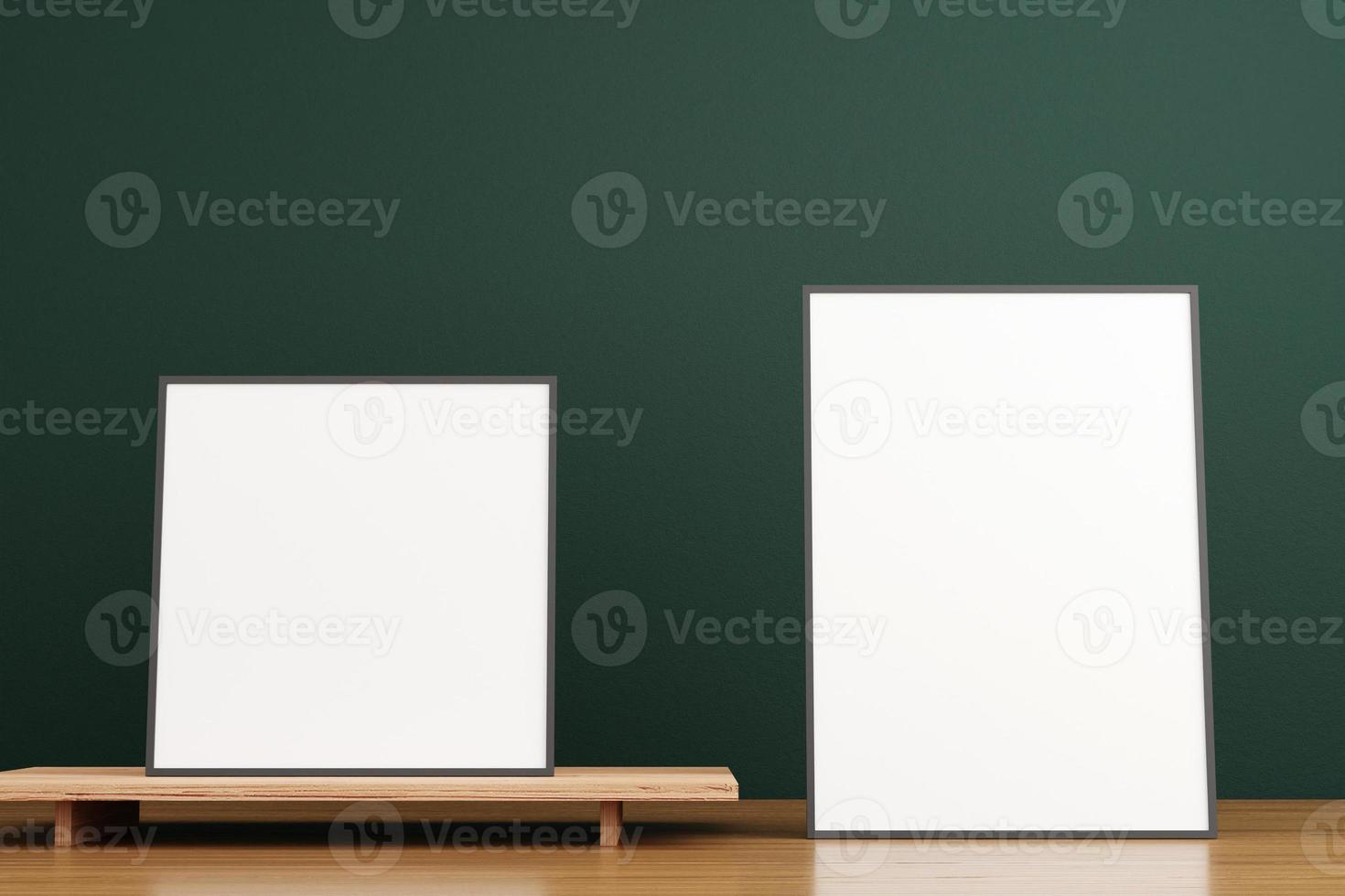 Minimalist and clean black poster or photo frame mockup on the wooden table in living room. 3D Rendering.