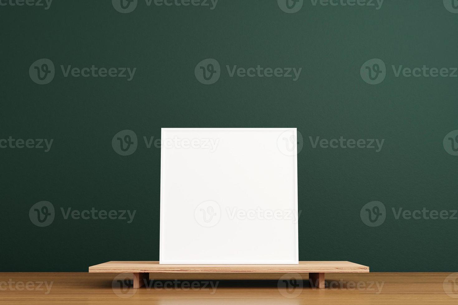 Minimalist and clean square white poster or photo frame mockup on the wooden table in living room. 3D Rendering.