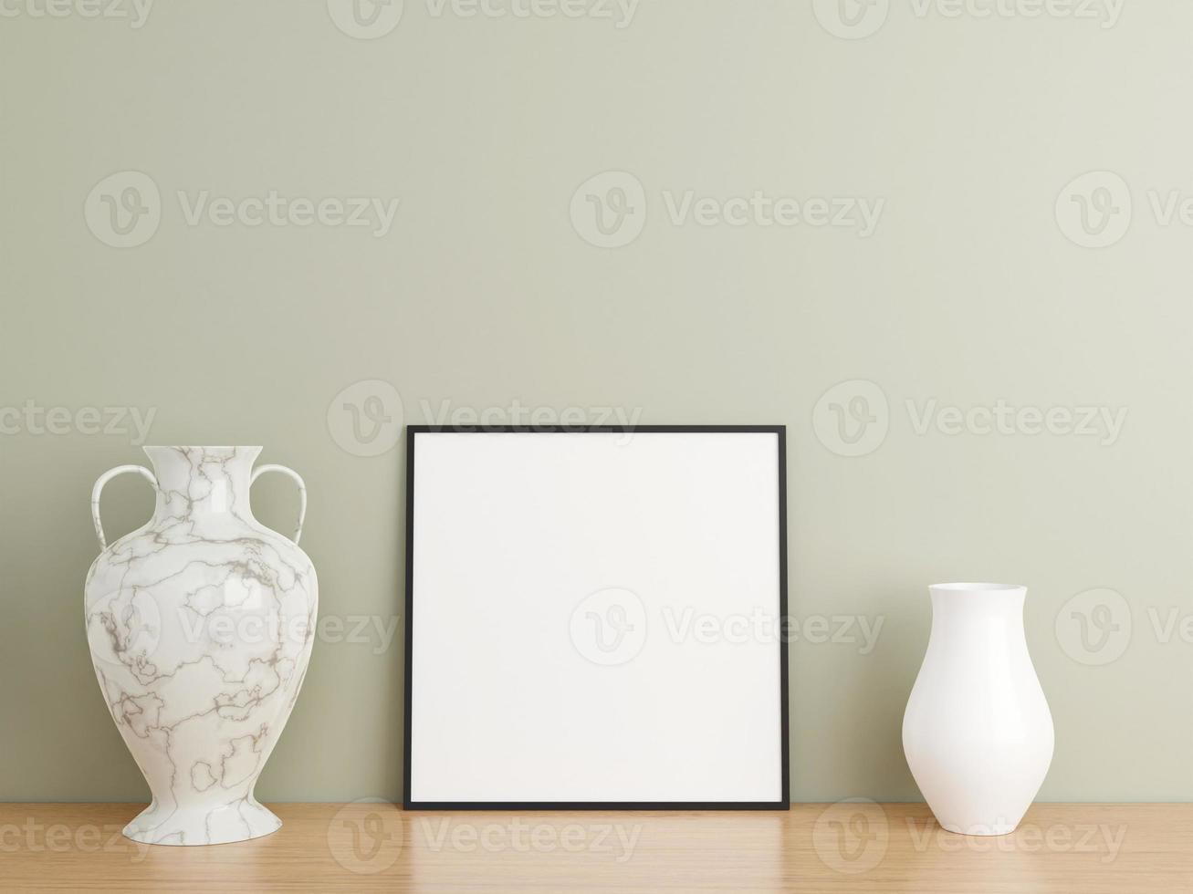 Minimalist square black poster or photo frame mockup on wooden floor leaning against the wall. 3D Rendering.