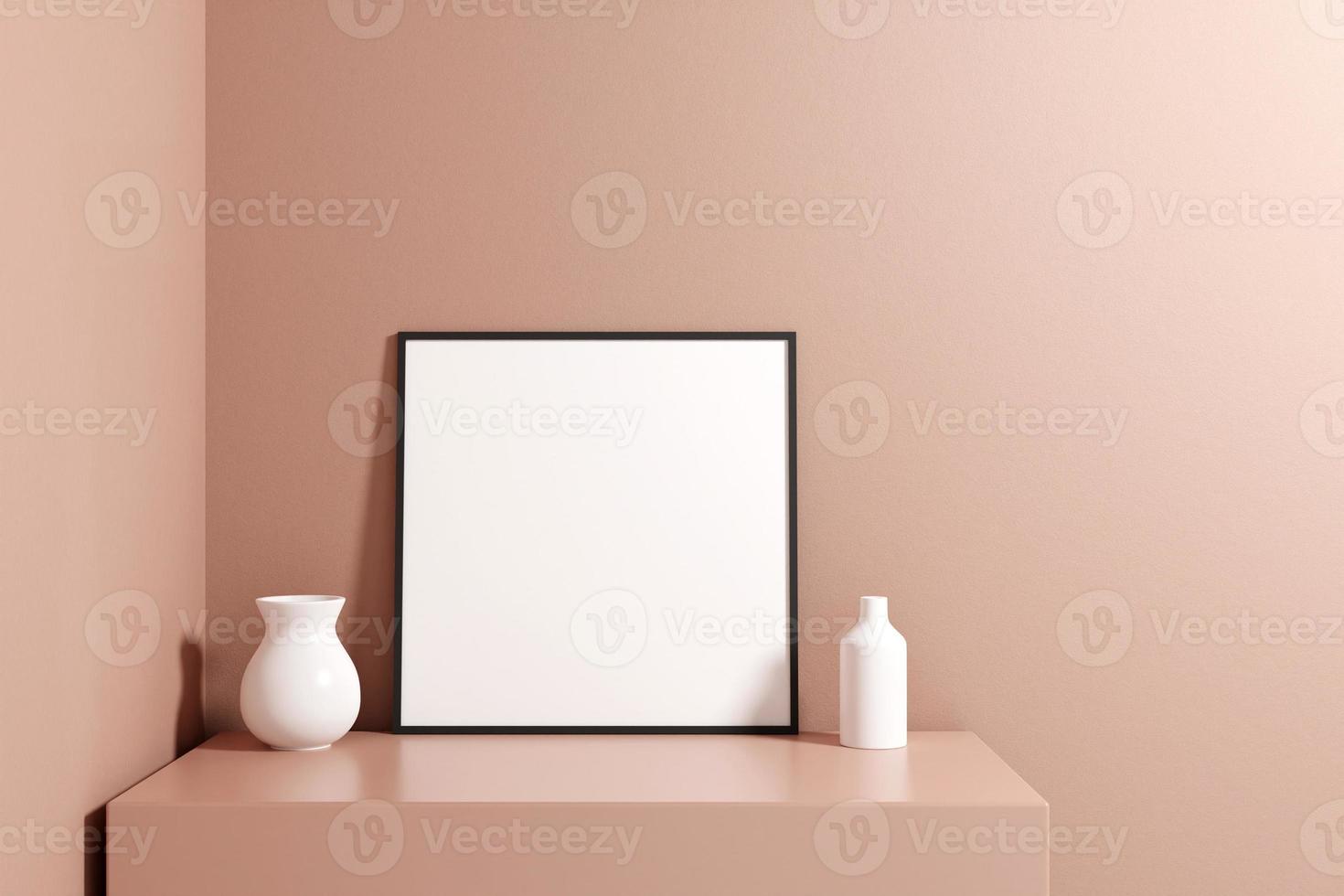 Minimalist and clean square black poster or photo frame mockup on the podium table. 3D Rendering.