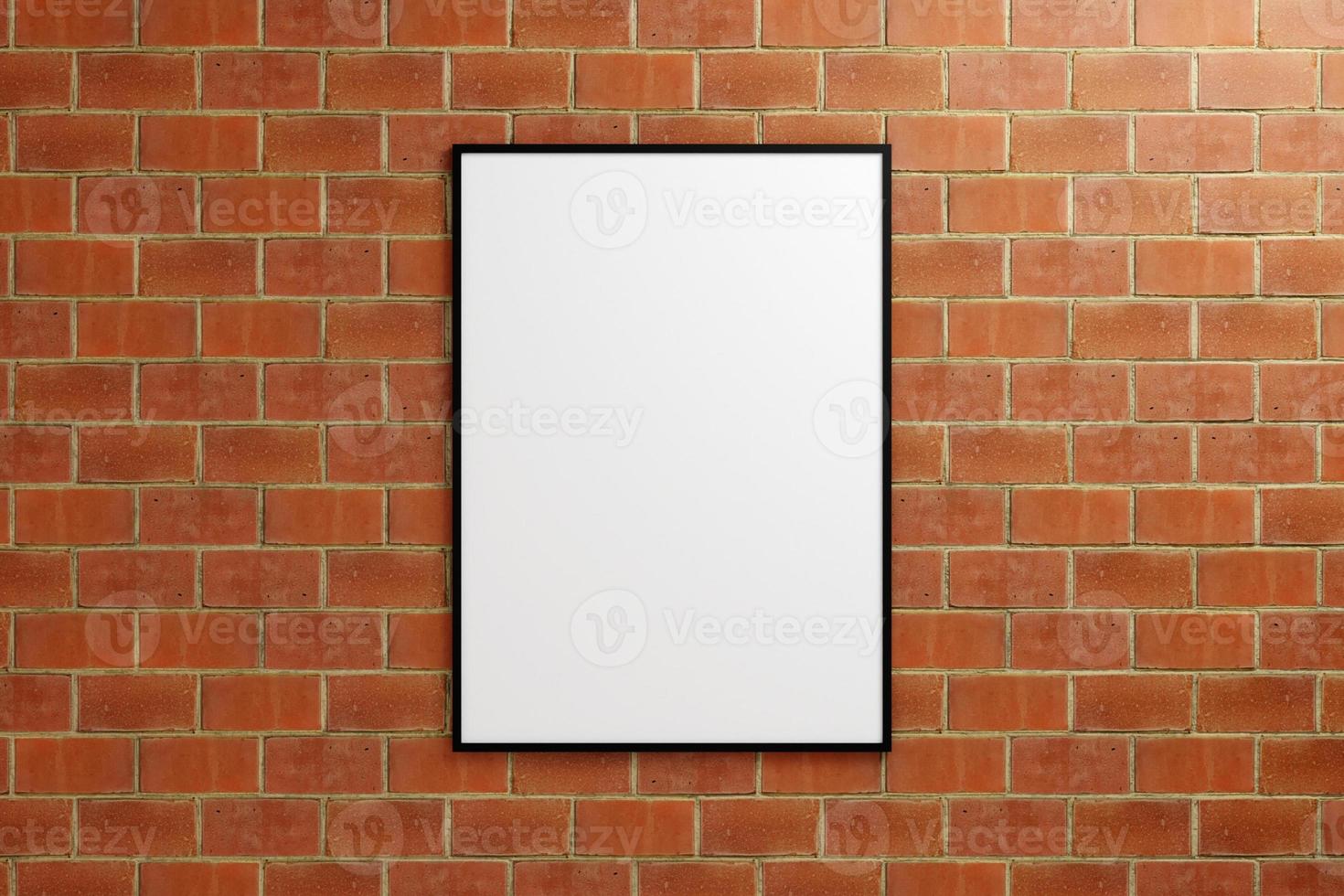 Minimalist hanging vertical black poster or photo frame mockup in brick wall. 3D Rendering.