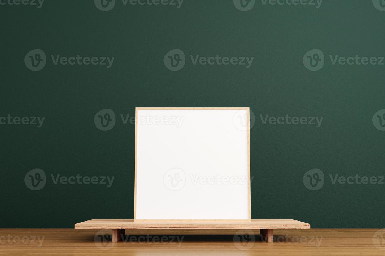 Minimalist and clean square wooden poster or photo frame mockup on the wooden table in living room. 3D Rendering.