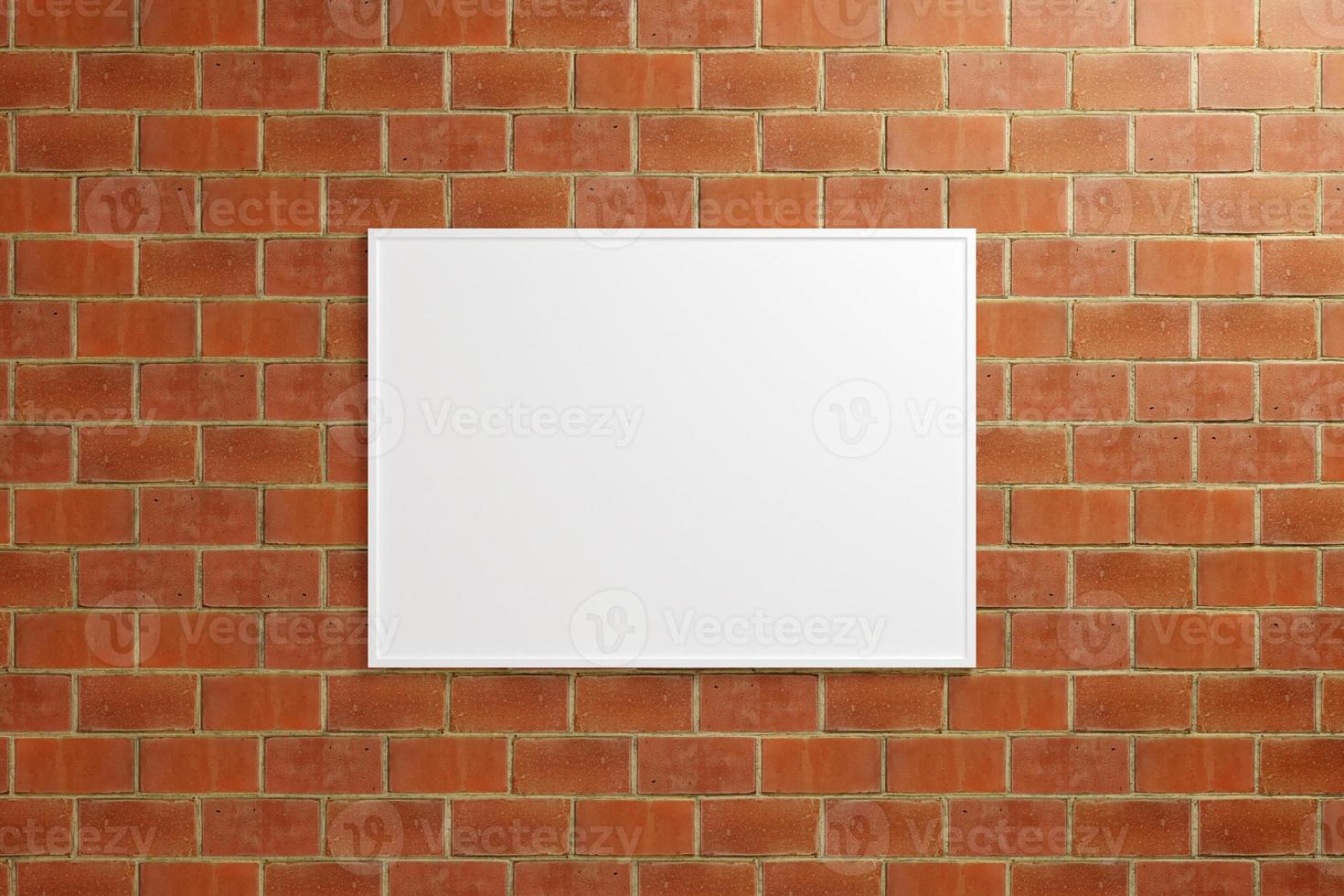 Minimalist hanging horizontal white poster or photo frame mockup in brick wall. 3D Rendering.