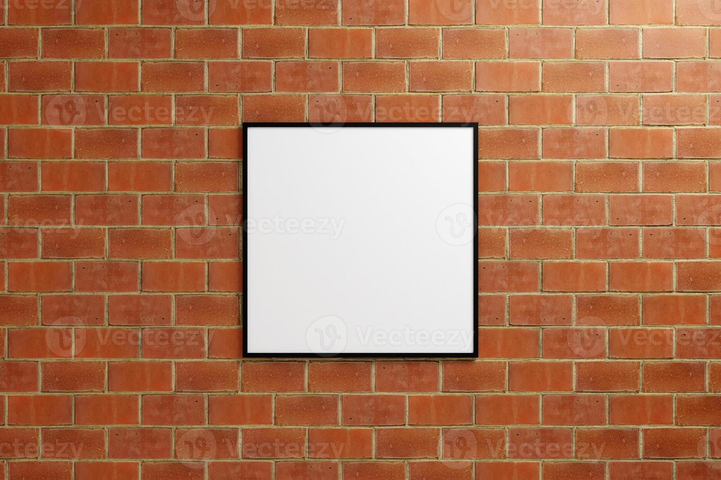 Minimalist hanging square black poster or photo frame mockup in brick wall. 3D Rendering.