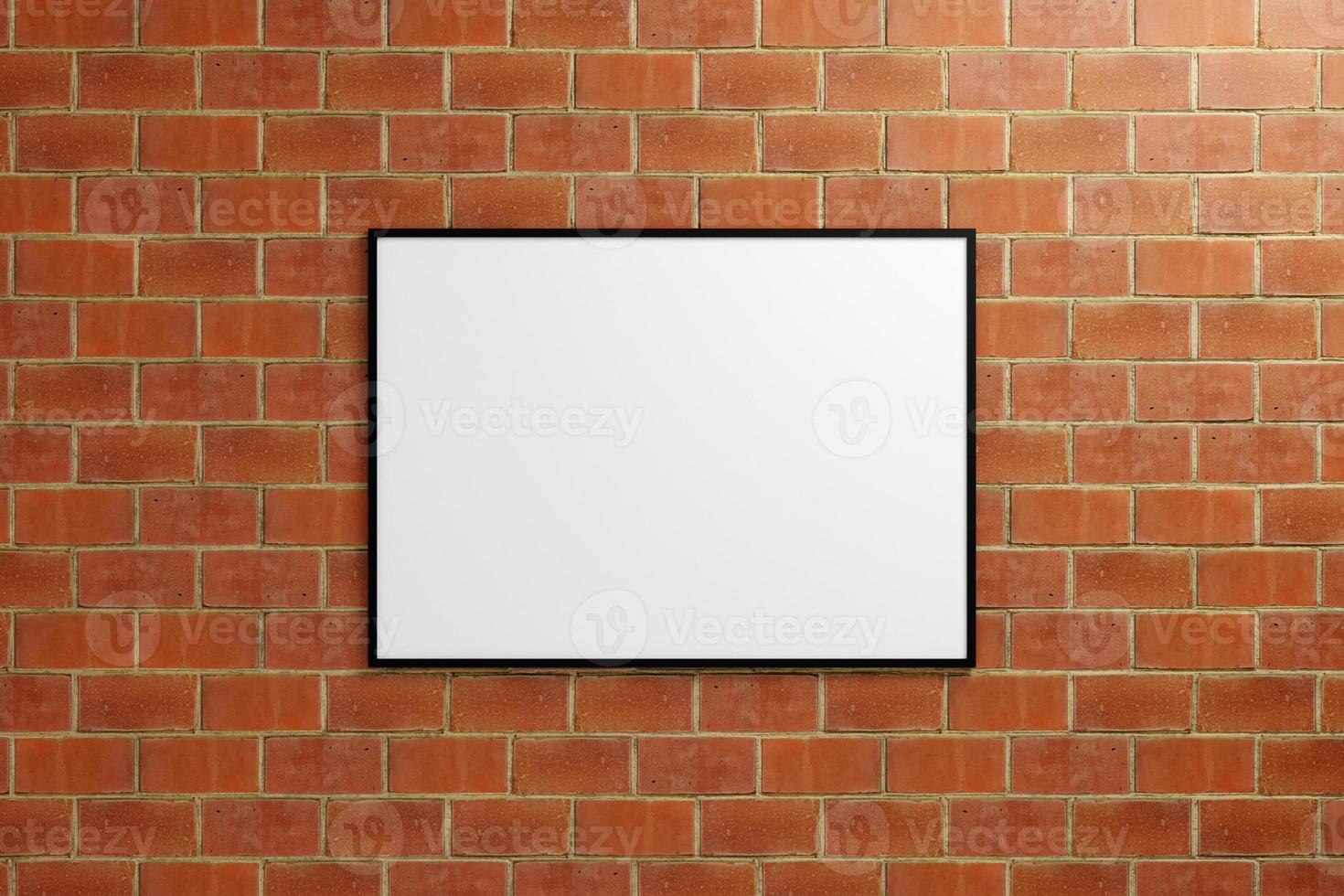 Minimalist hanging horizontal black poster or photo frame mockup in brick wall. 3D Rendering.